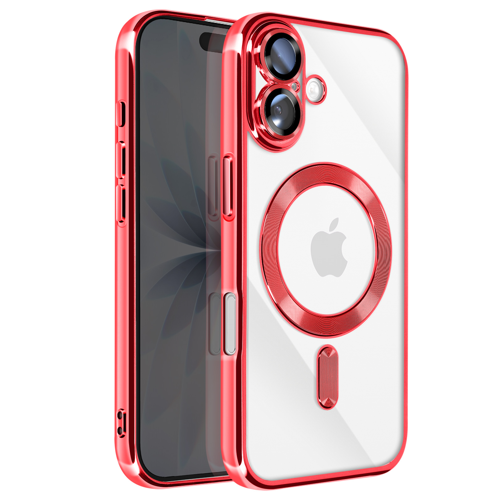 Rode telefoonhoes met doorzichtige achterkant. Apple-logo zichtbaar. Telefoon binnenin. Rode cameralensring en knoppen. Glanzende afwerking.