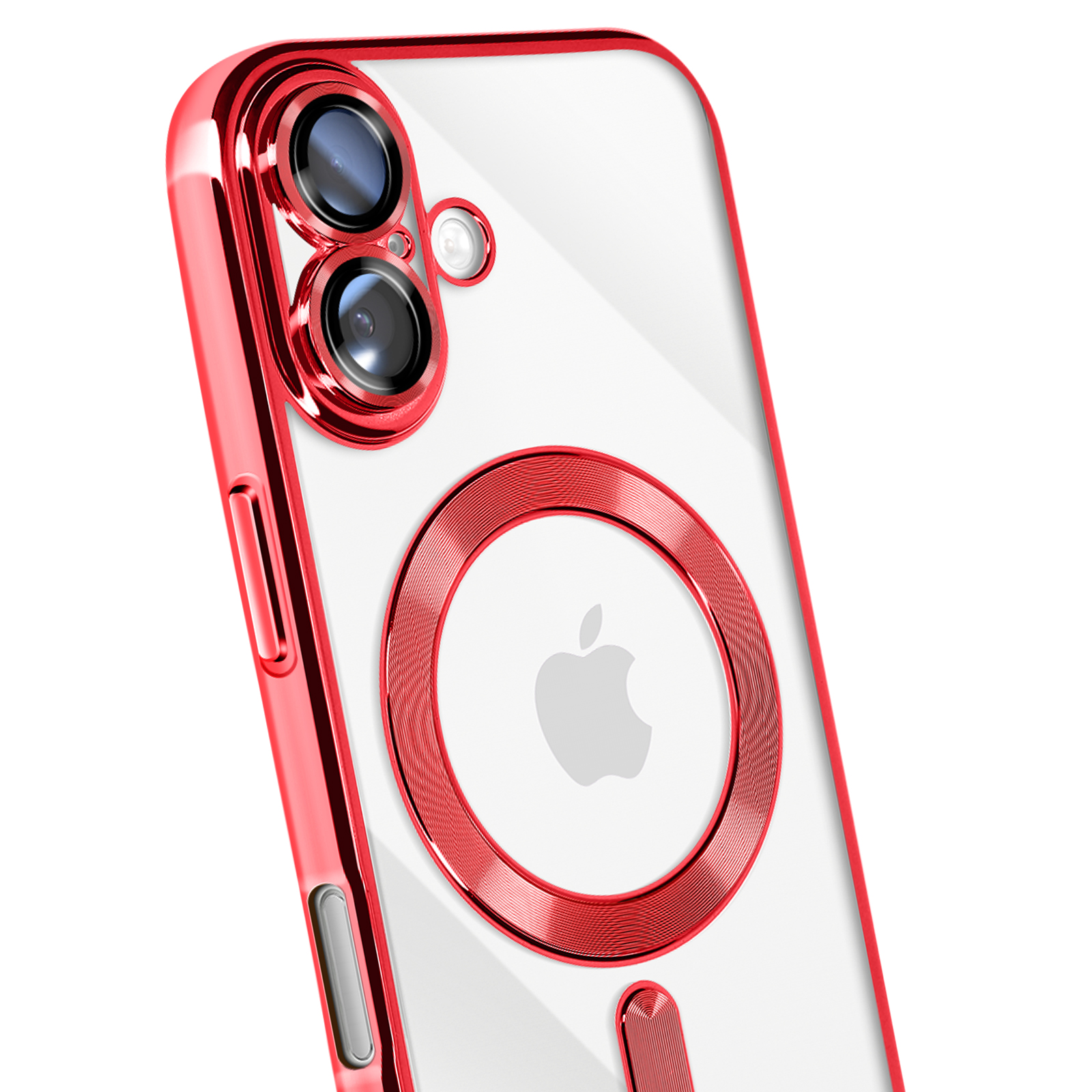 Een rode telefoonhoes met een doorzichtige achterkant. De cameralens en een cirkelvormige ring rond het Apple-logo zijn rood.
