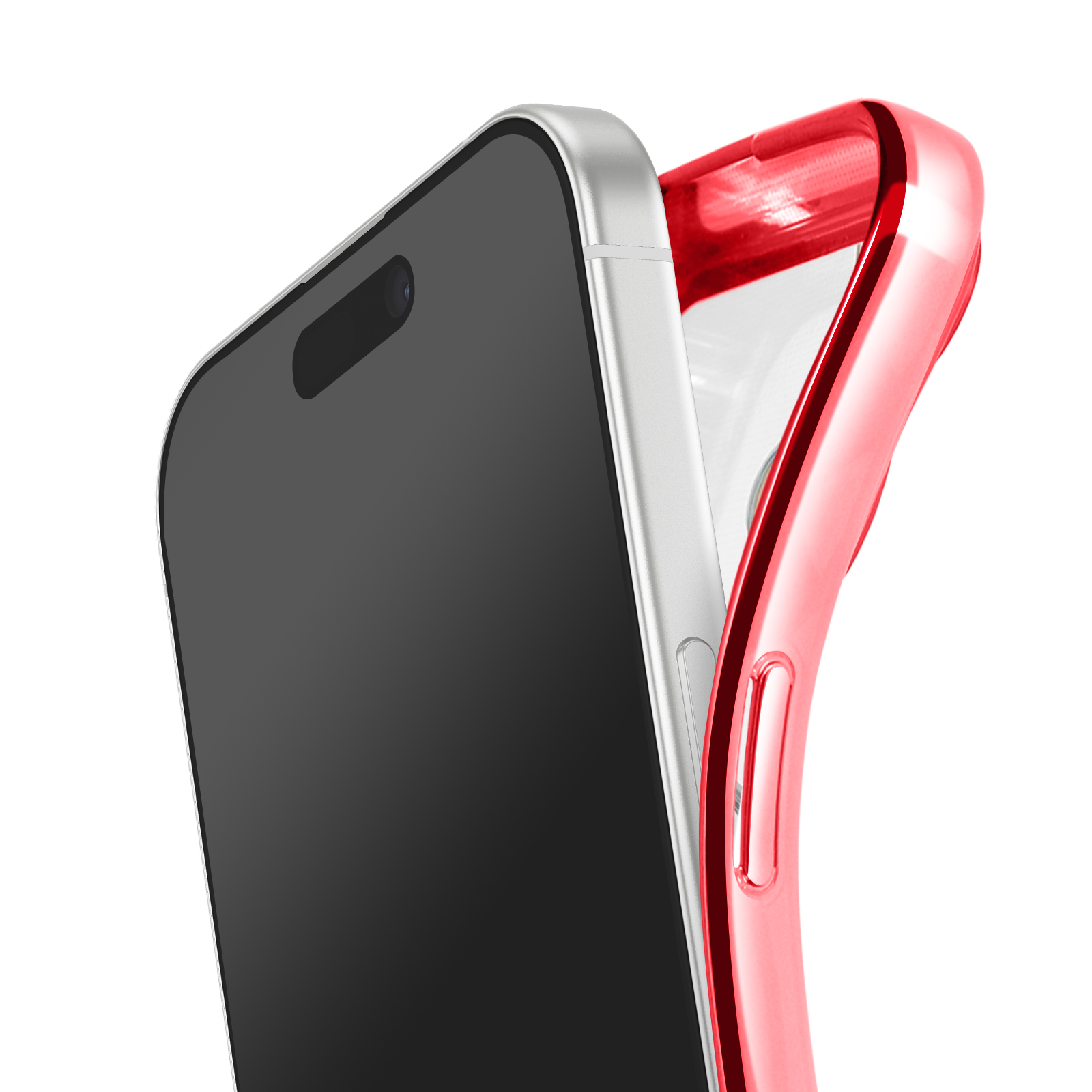 Een smartphone met zwart scherm zit in een rode telefoonhoes. De hoes is gedeeltelijk zichtbaar.