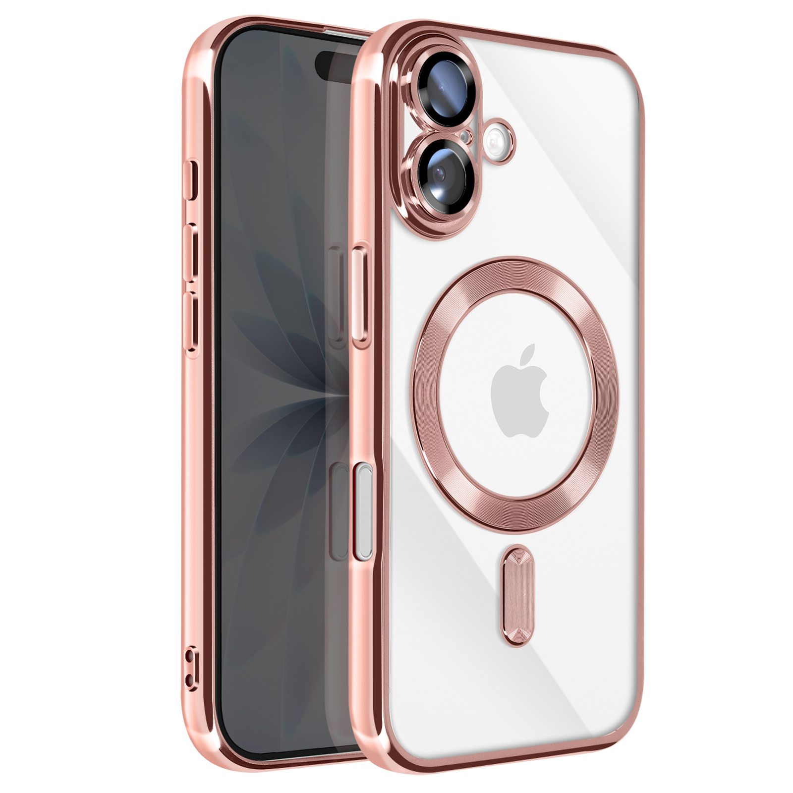 Transparante iPhone-hoes met roségouden rand. Voorzien van Apple-logo, camera-uitsparingen en zijknoppen.