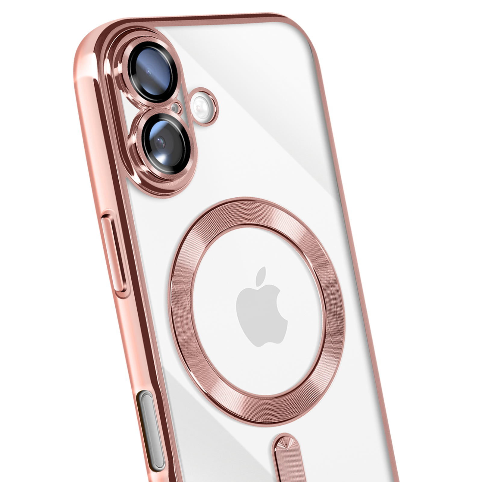 Roségouden telefoonhoesje, doorzichtige achterkant. Met camerarings, Apple-logo en zijknoppen. Witte achtergrond.