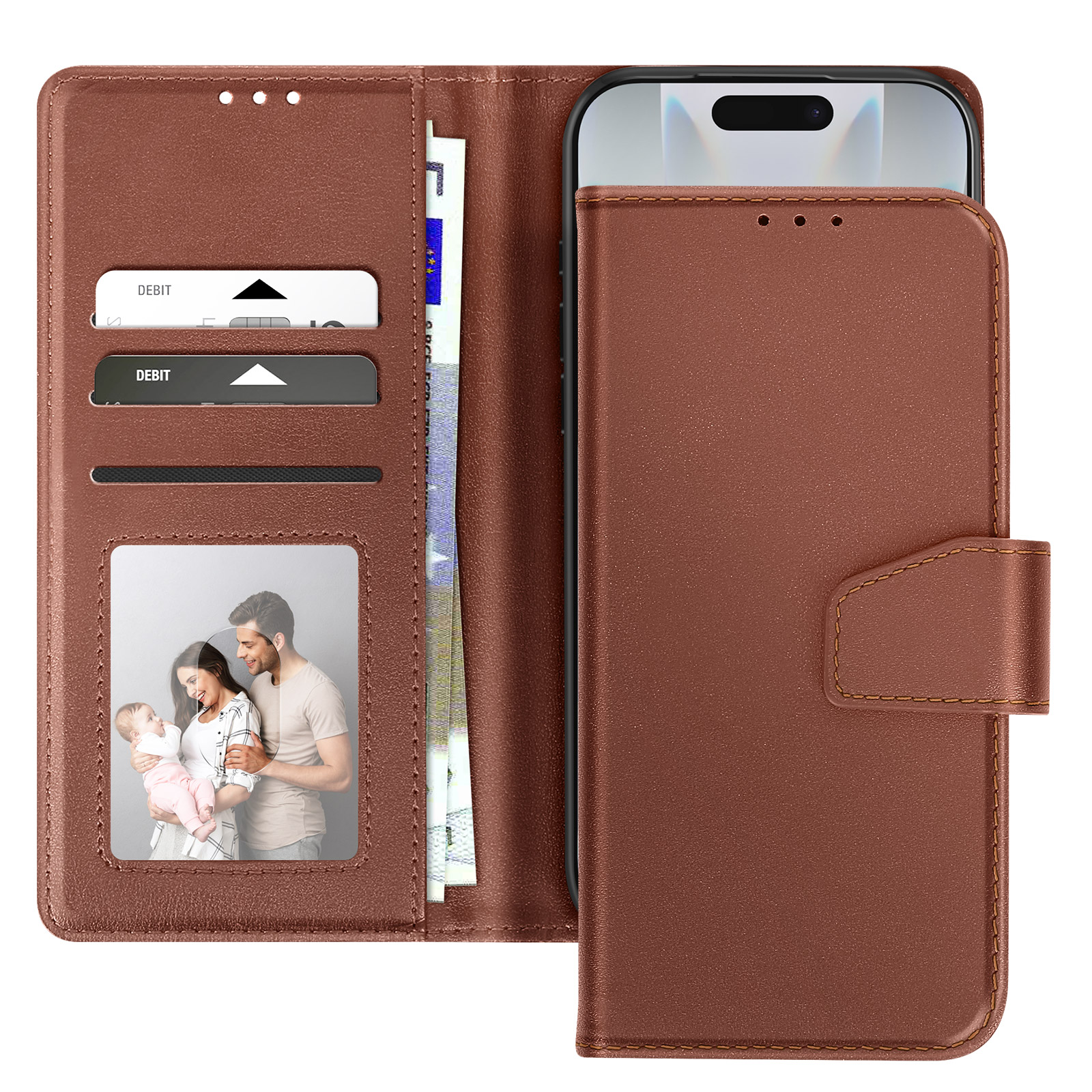 Funda marrón para teléfono con teléfono dentro. Se ven tarjetas, dinero y una foto familiar.