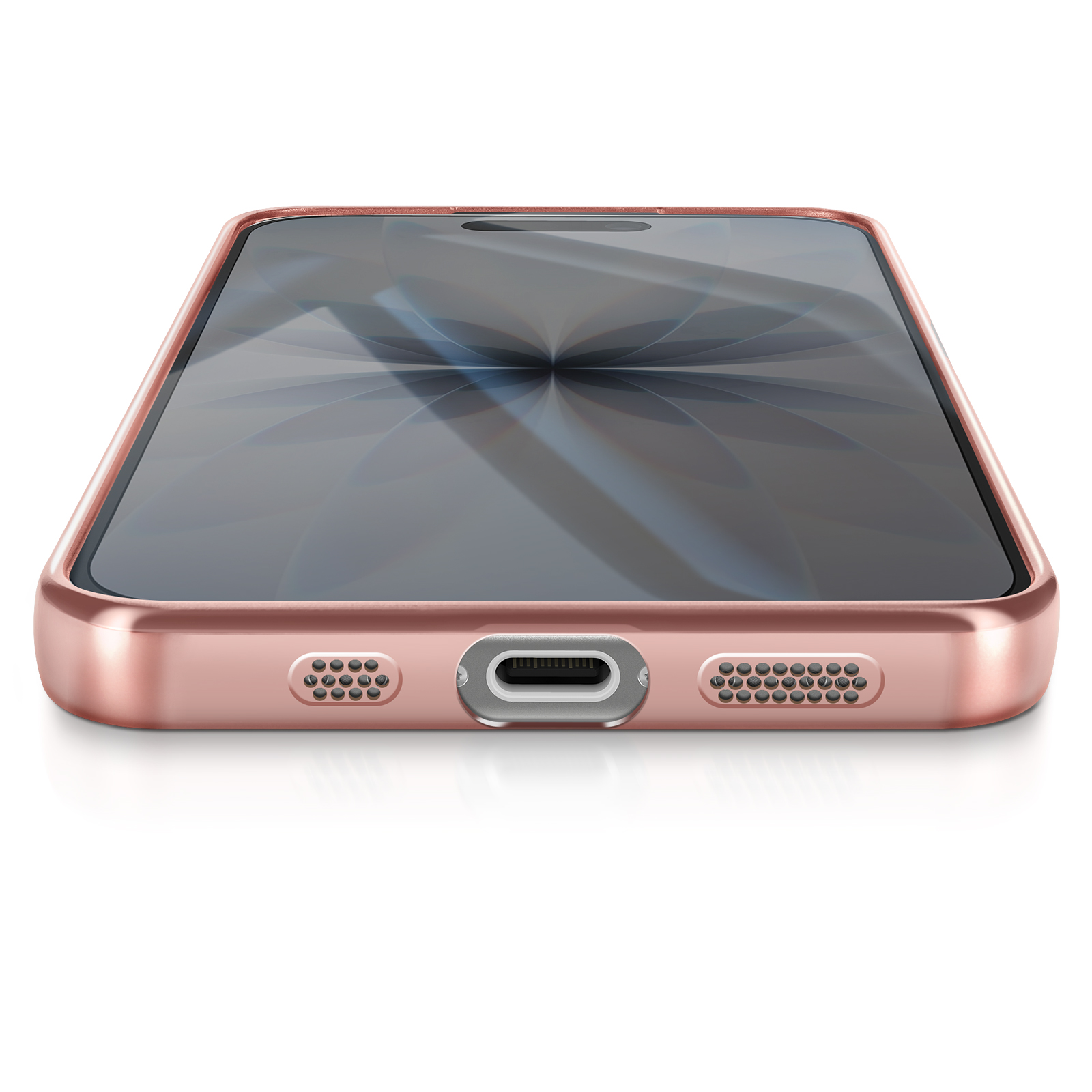 Een roségouden telefoon, schuin. Het scherm is donker, met een patroon. Functies zijn een oplaadpoort en luidsprekergaten.
