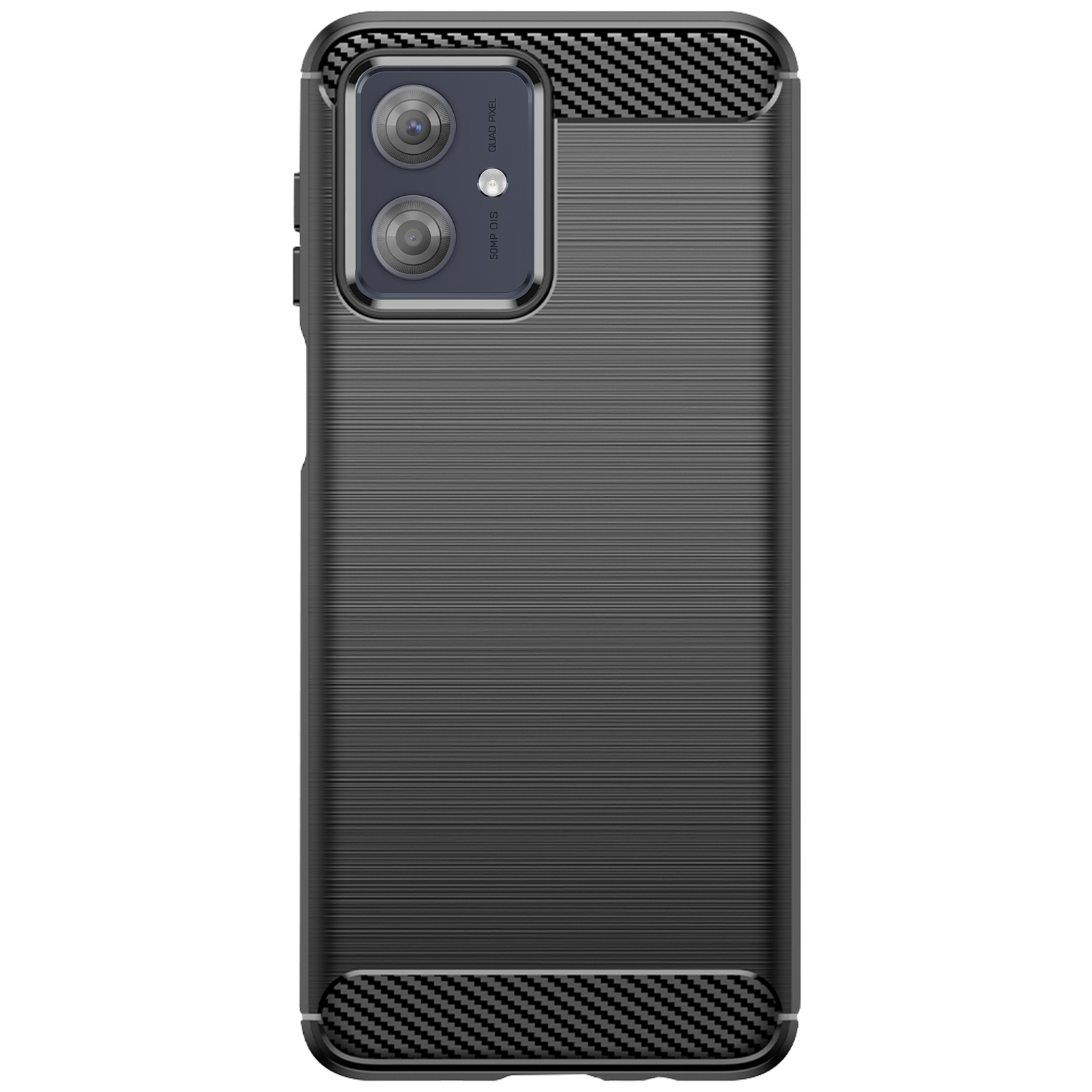 Una custodia per telefono grigio scuro. Ha un ritaglio per la fotocamera, dettagli in fibra di carbonio e una superficie strutturata.