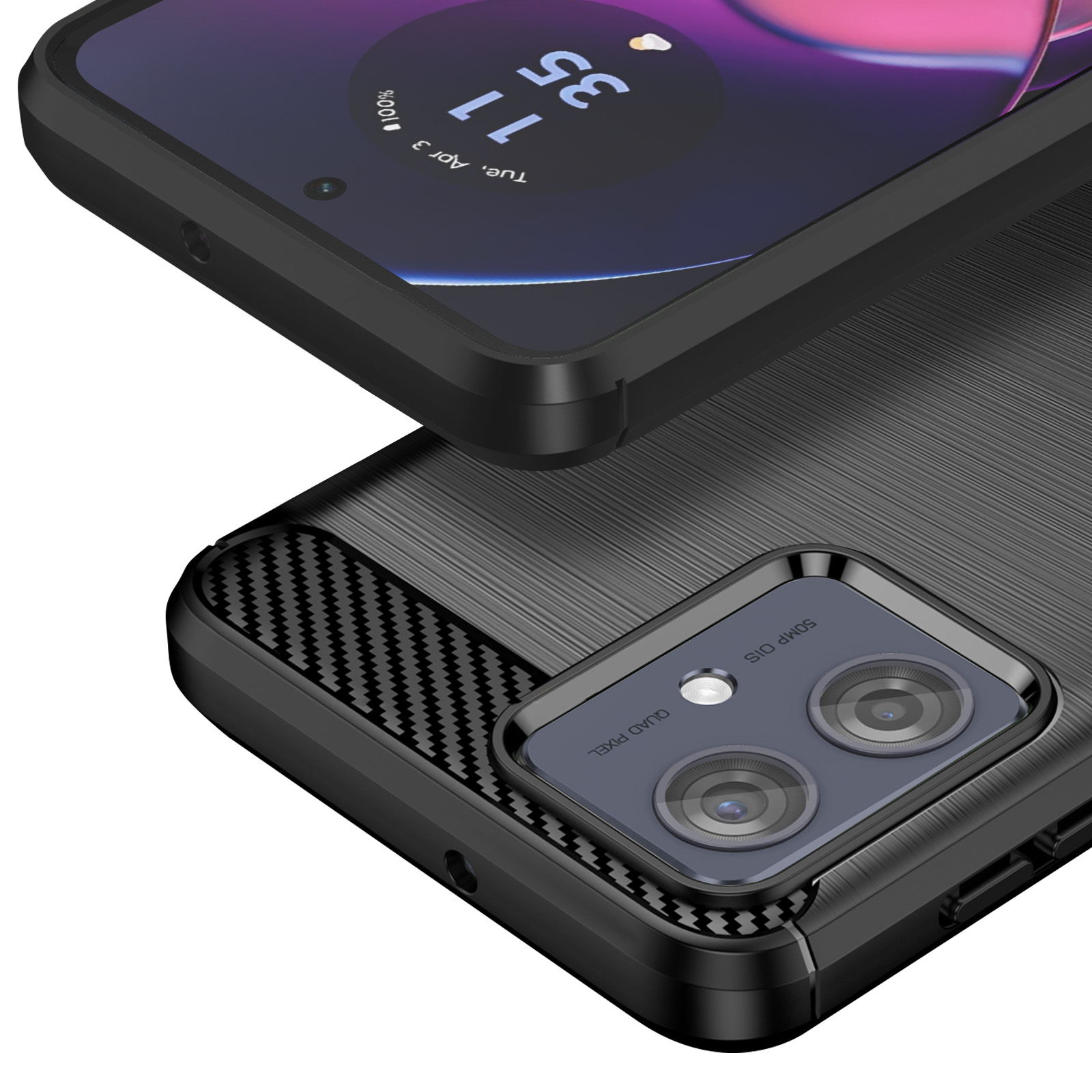 Primo piano di un telefono. Lo schermo mostra l'ora e la data. Il telefono ha una custodia nera e una fotocamera.