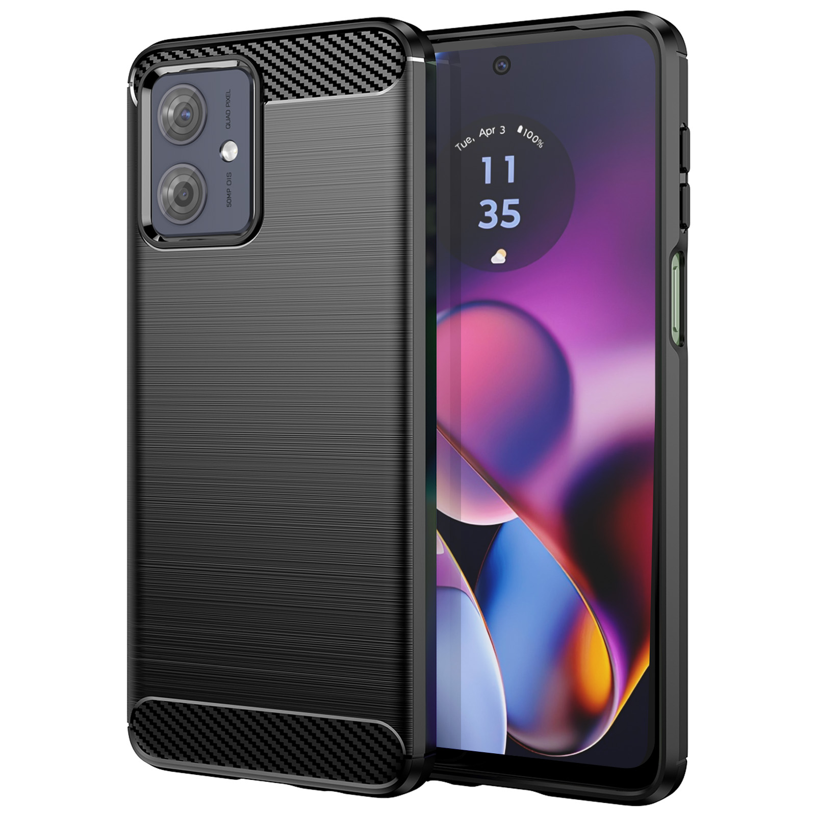 Un telefono nero in una custodia con l'ora 11:35 sullo schermo. La custodia ha un design strutturato e una fotocamera.