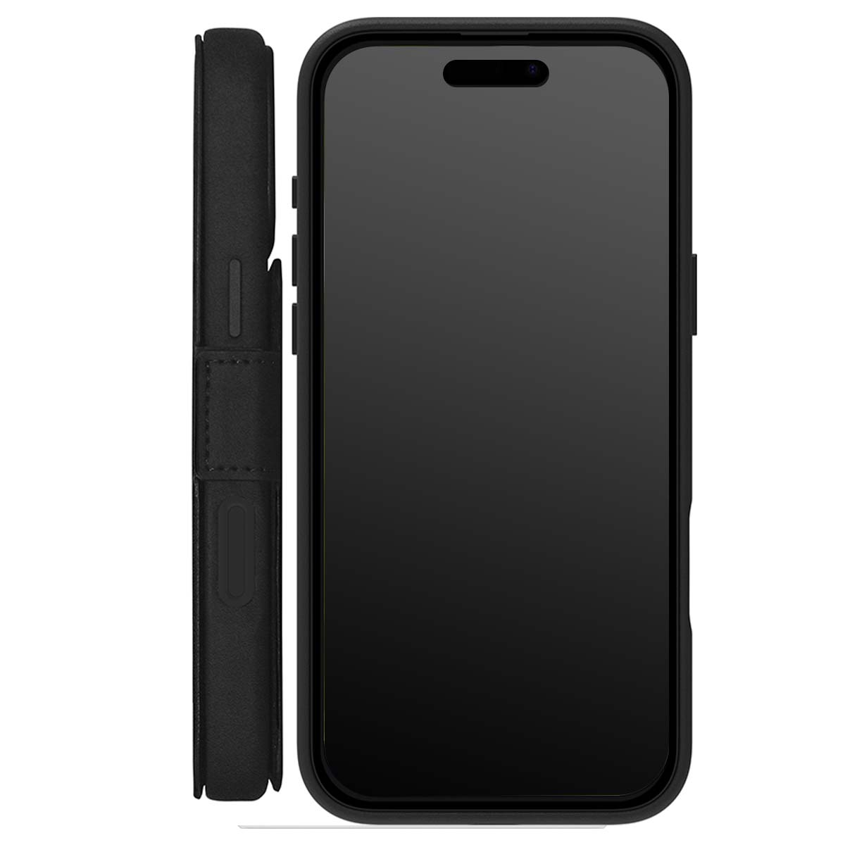 Smartphone nero con schermo acceso. A sinistra, una custodia nera. Lo sfondo è bianco.