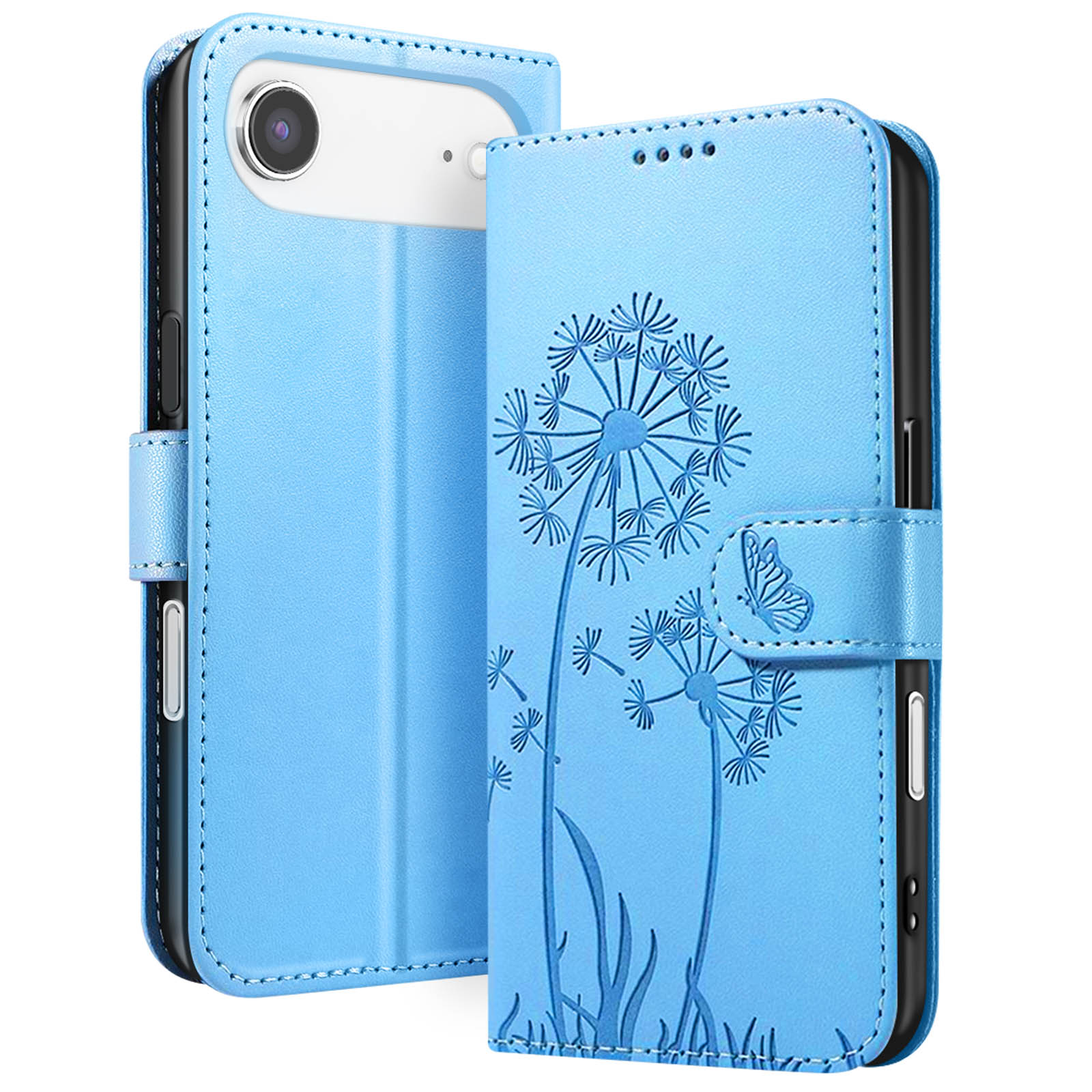 Custodia blu per telefono con design a dente di leone. Custodia aperta, che mostra il telefono. Denti di leone e farfalla in rilievo.