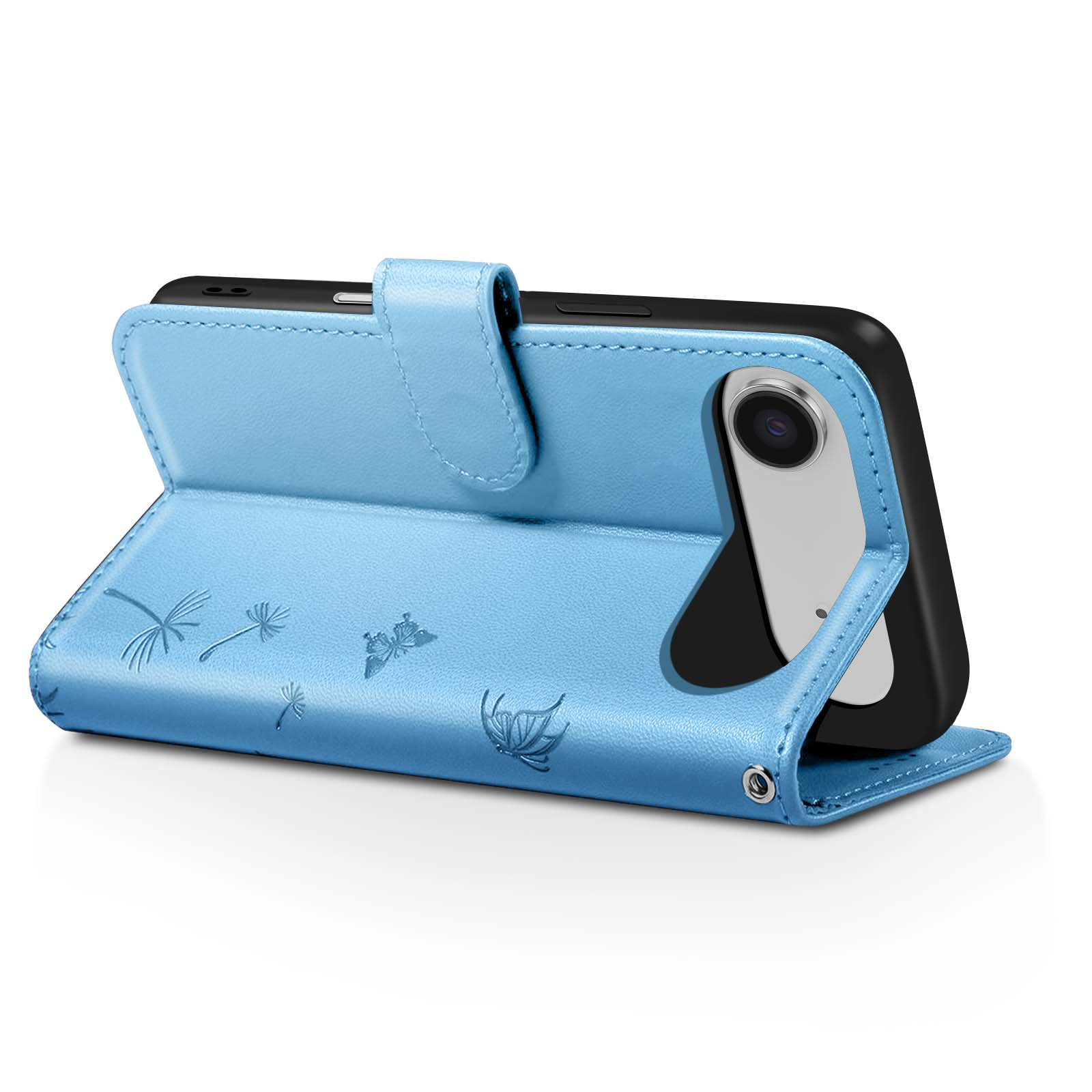 Una custodia blu chiaro per telefono contiene un telefono nero. La custodia ha disegni in rilievo e una chiusura.