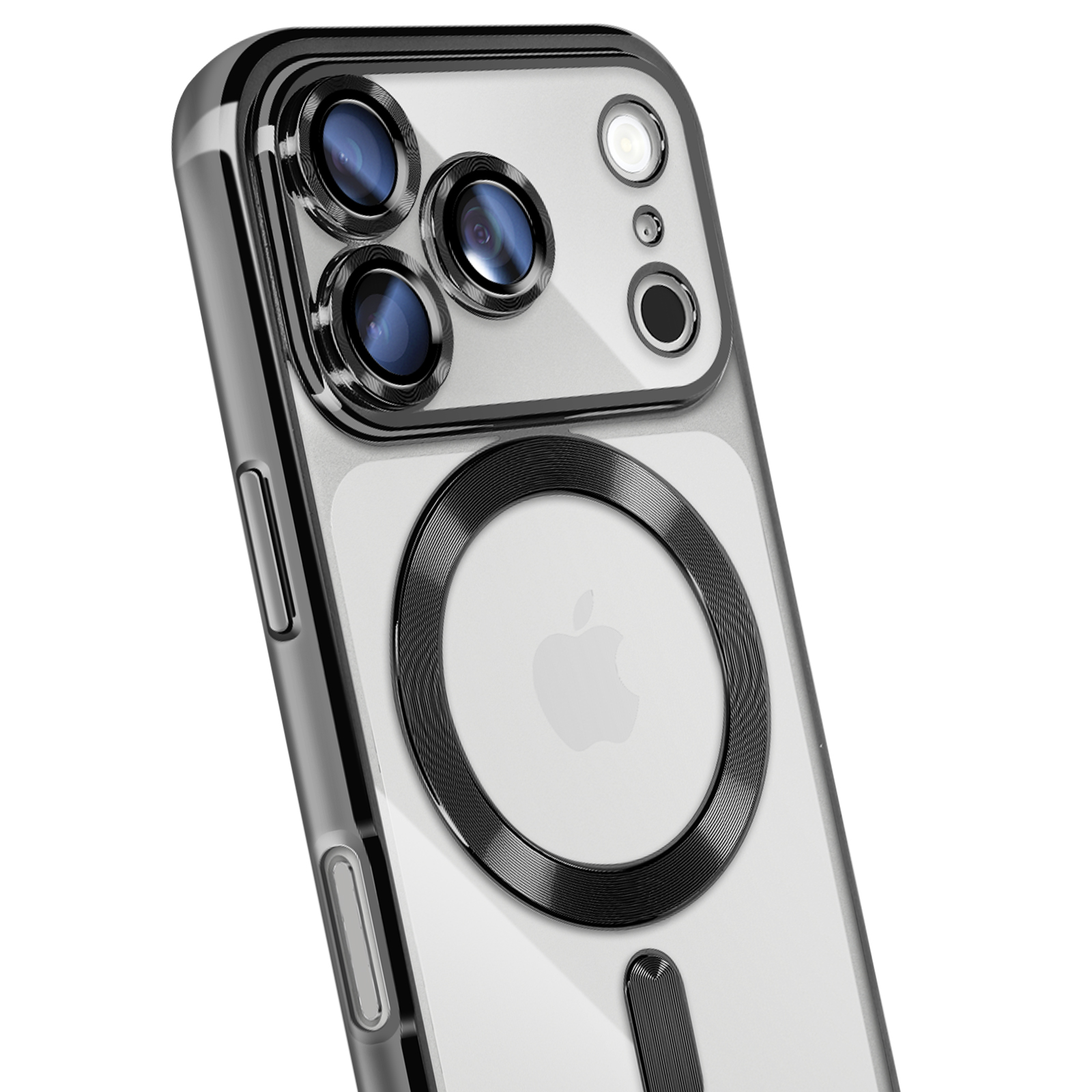 Een transparante telefoonhoes met een zwarte ring en camerakader, met een Apple-logo. De hoes heeft een magnetische ring.