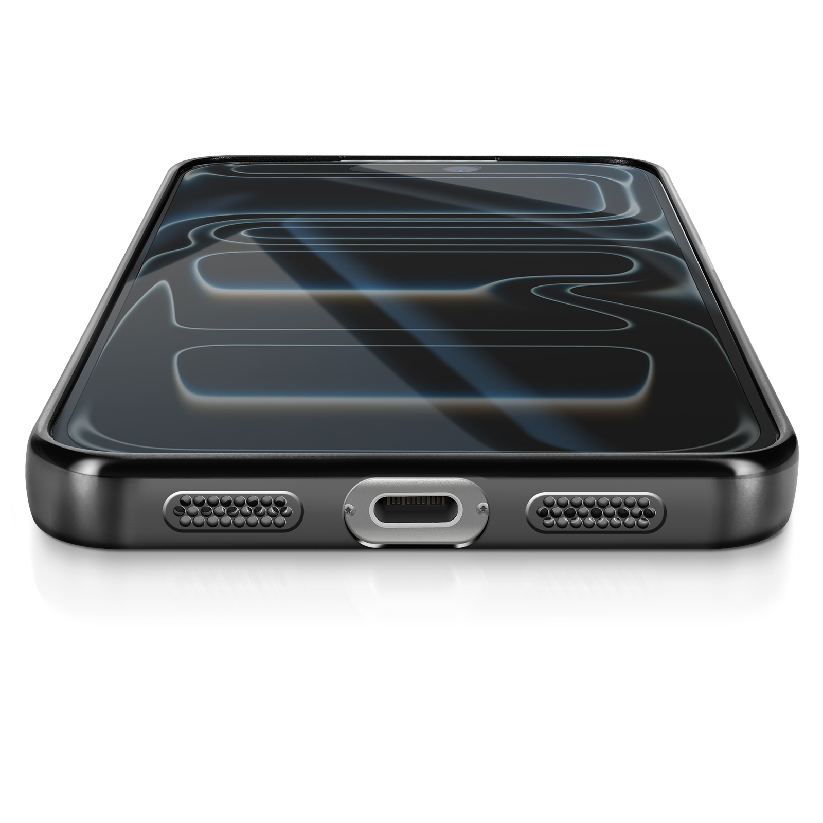 Een close-up van een zwarte smartphone. Het scherm toont een golvend patroon. De onderkant heeft luidsprekergaten en een oplaadpoort.