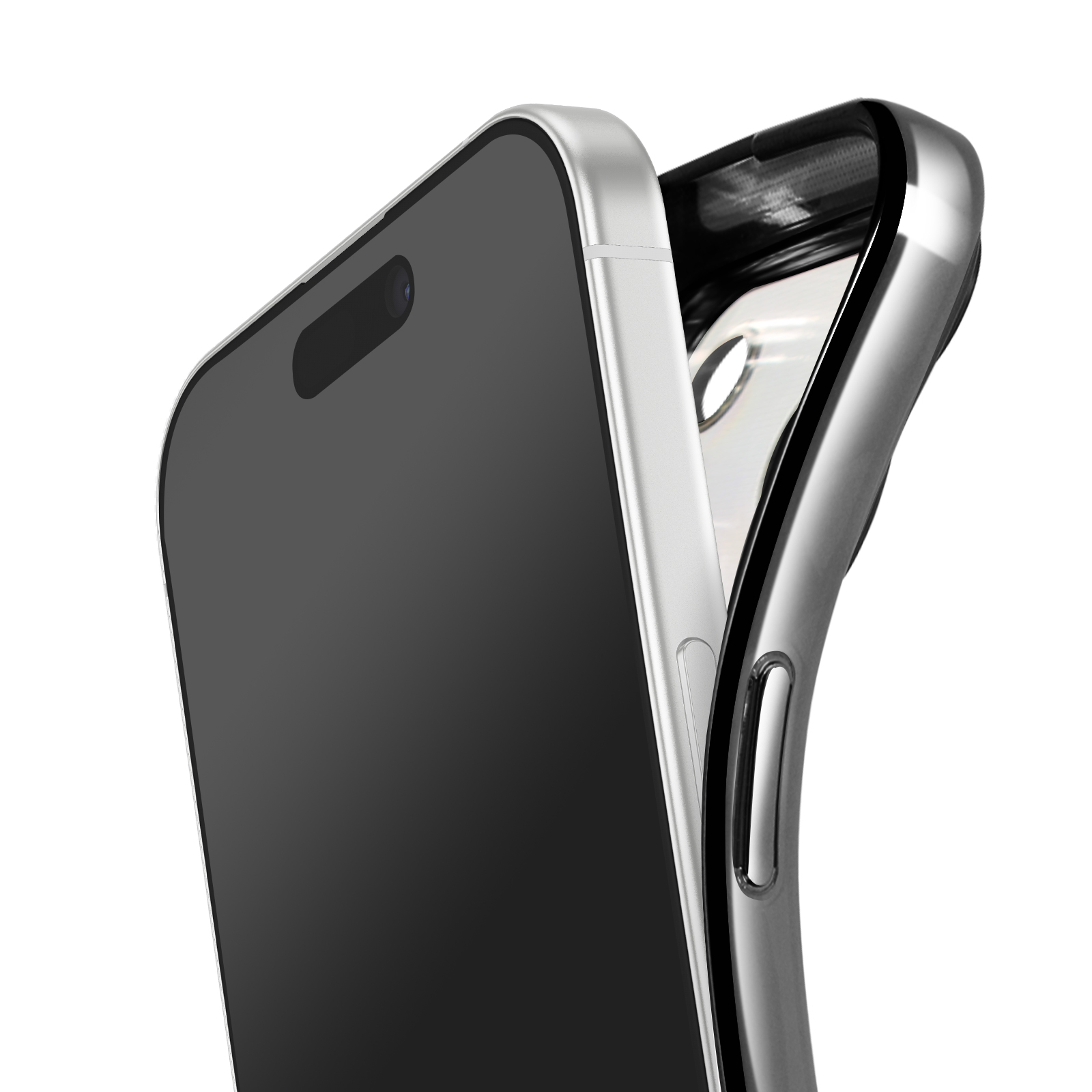 Een smartphone met een zwart scherm en zilveren frame, gedeeltelijk in een zilveren hoes, tegen een witte achtergrond.