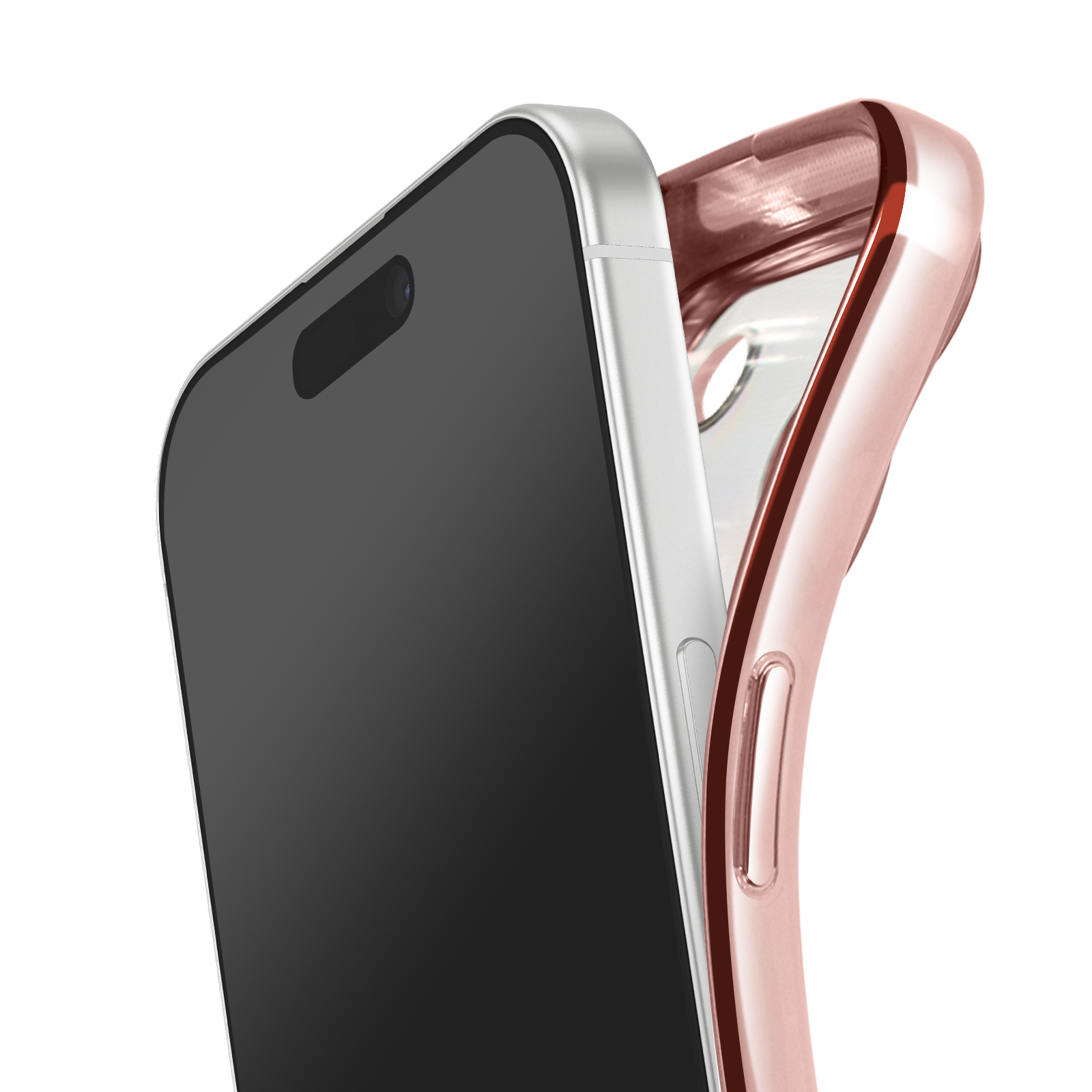 Een smartphone met een zwart scherm wordt in een roségouden telefoonhoesje geplaatst. Witte achtergrond.