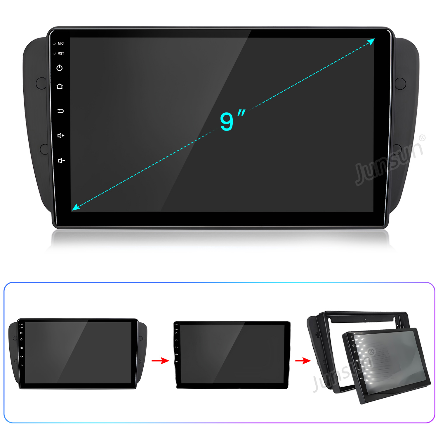 Radio samochodowe z 9-calowym ekranem. Czarna ramka, przyciski z boku. Obrazek przedstawia radio i jego kroki instalacji.