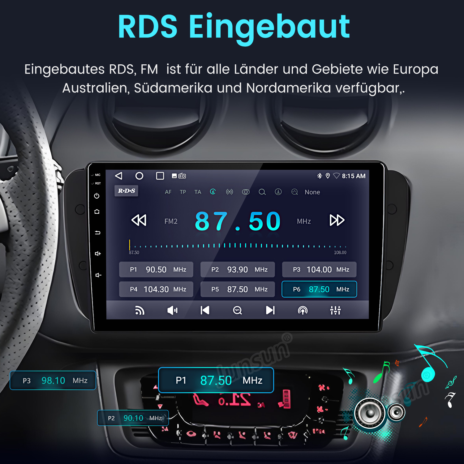 Autoradio mit RDS. Das Display zeigt die Frequenz 87,50 MHz. Tasten für Voreinstellungen und Bedienelemente sind sichtbar.