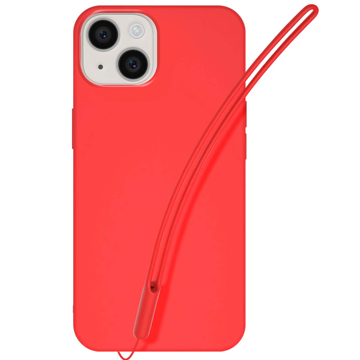 Custodia per telefono rossa con lenti della fotocamera e cinturino attaccato. La custodia è su sfondo bianco.