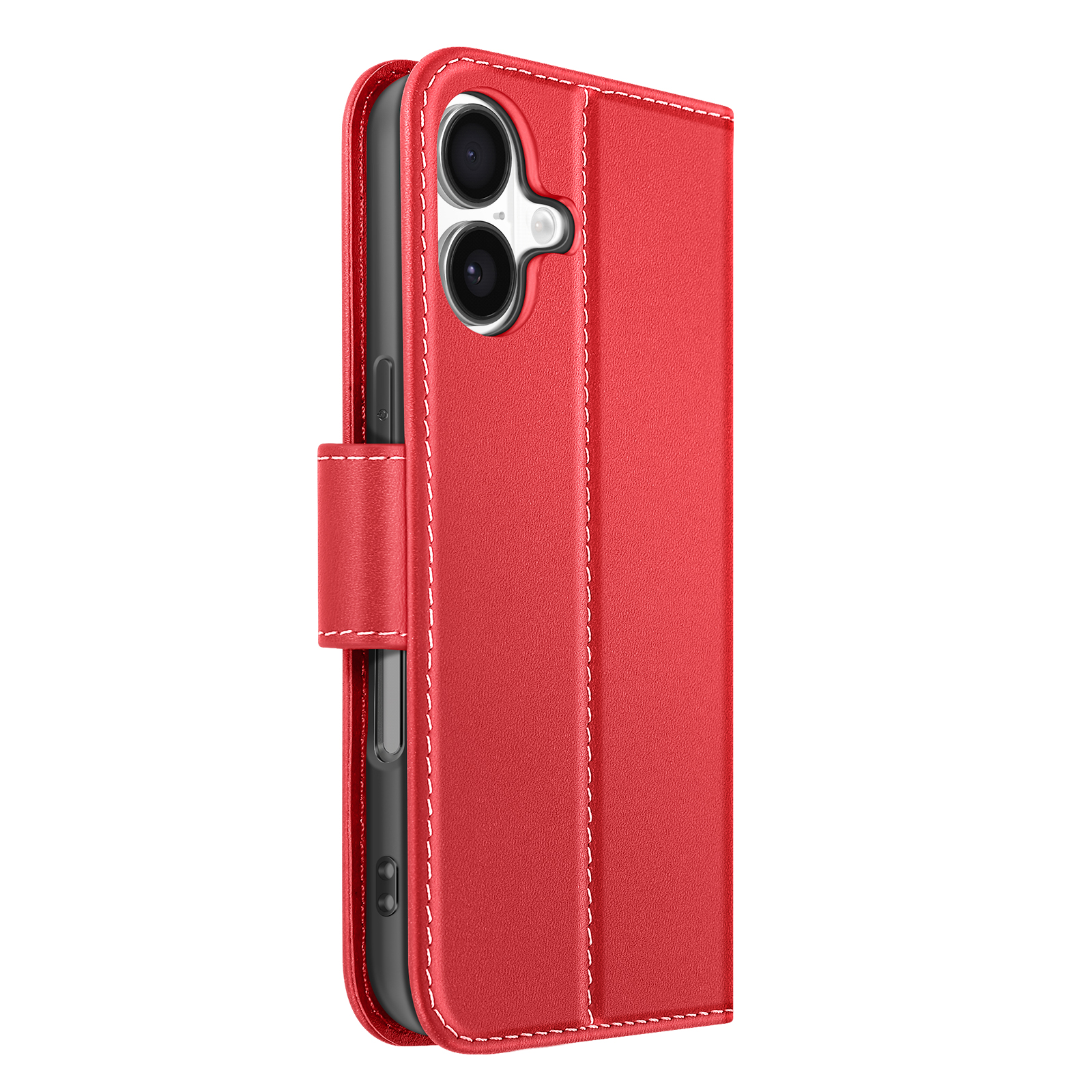 Custodia rossa per telefono con cuciture bianche. Il telefono è visibile. La custodia ha una chiusura.