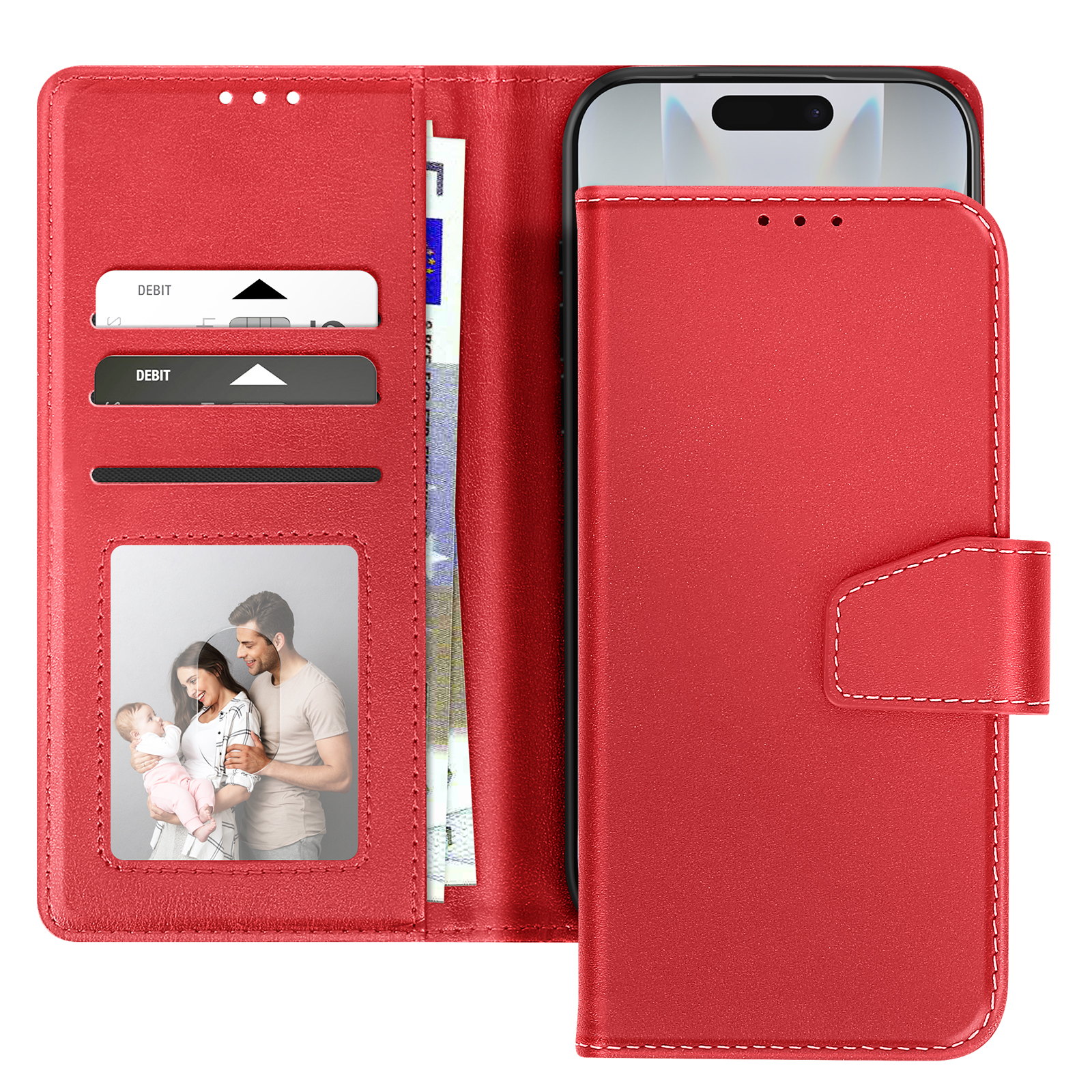 Custodia per telefono rossa con telefono all'interno. Ha scomparti per carte, una foto di famiglia e una chiusura a scatto.