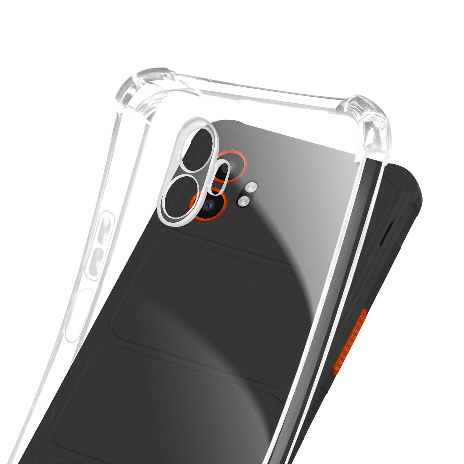 Une coque de téléphone transparente sur un téléphone noir. Le téléphone a des détails de caméra orange et est sur fond blanc.