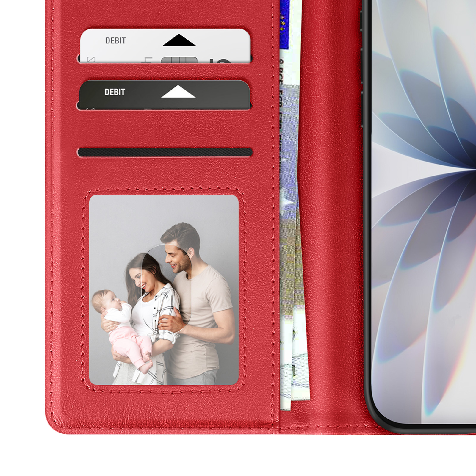 Portafoglio rosso con carte, una foto di famiglia e un telefono. Lo schermo del telefono mostra un design bianco e blu.