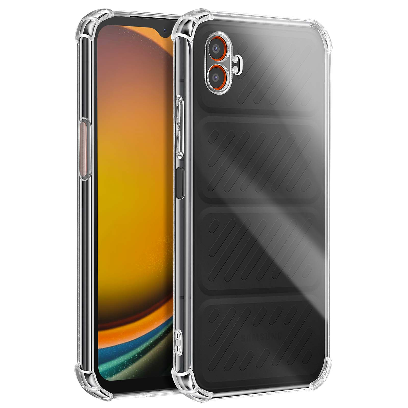 Coque de téléphone transparente avec dos noir. Écran du téléphone visible. Bords clairs. Double caméra à l'arrière.