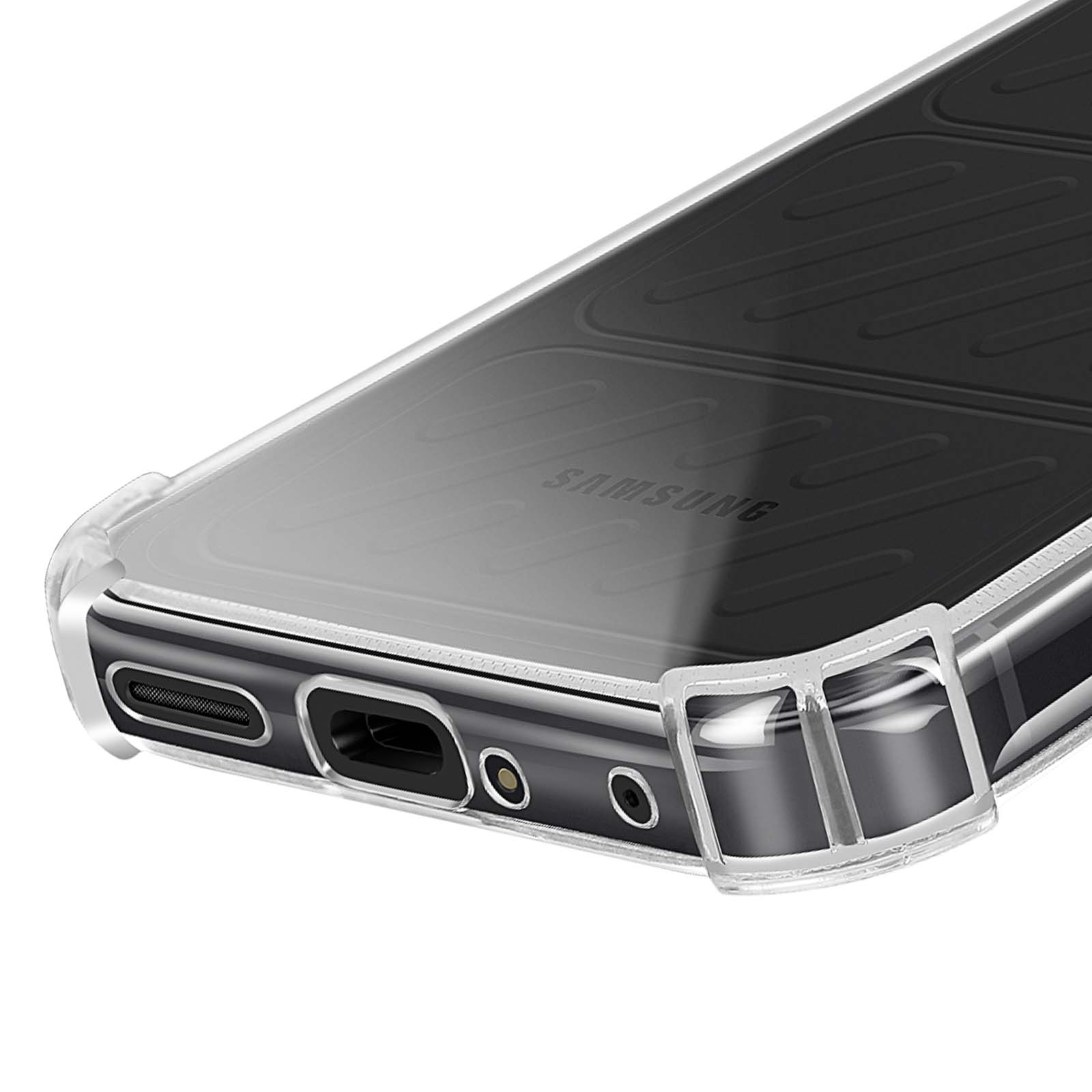 Coque de téléphone transparente. Visibles, les ouvertures des ports, la marque SAMSUNG et les bords.