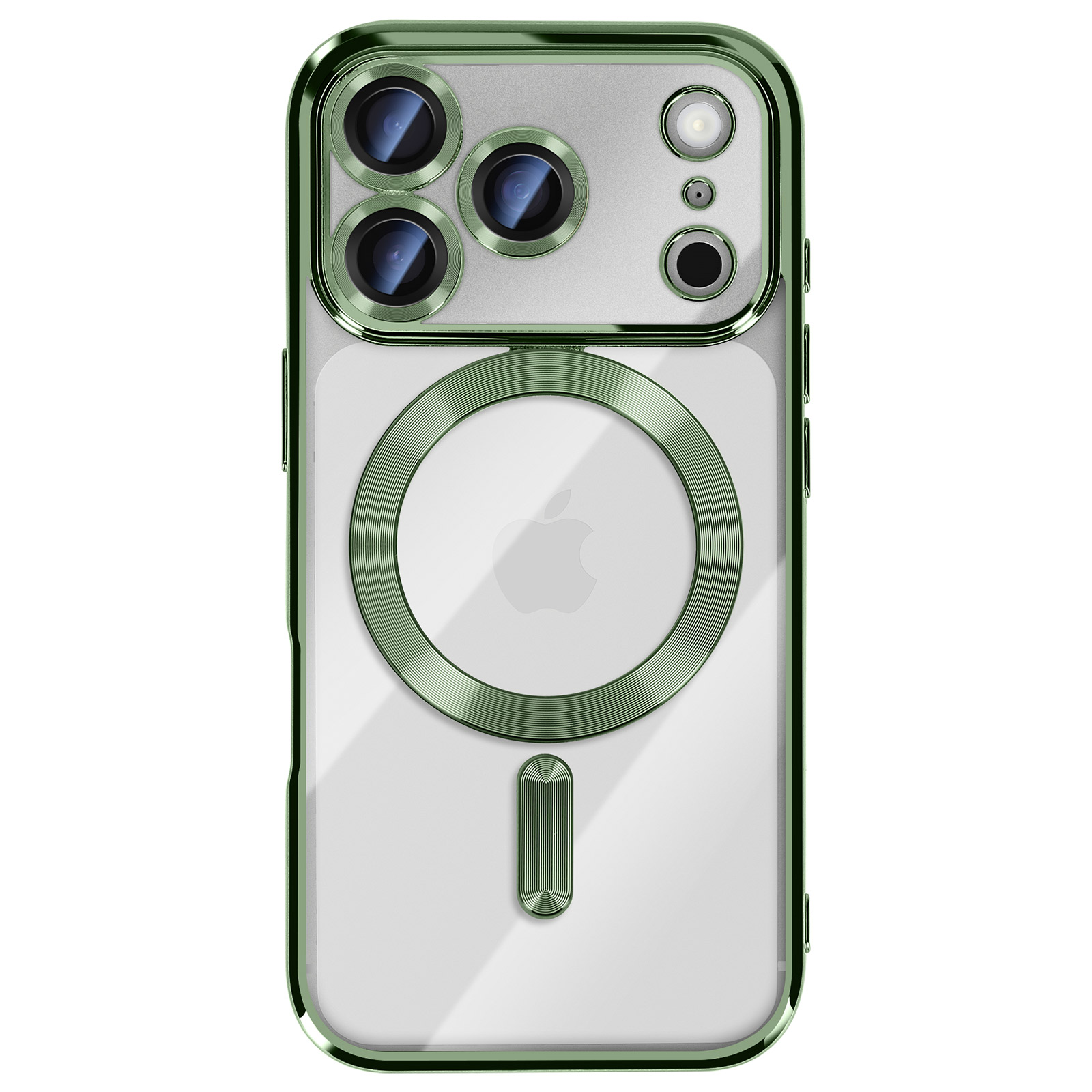 Une coque de téléphone verte avec un dos transparent. Elle a un module caméra et une fixation magnétique circulaire.