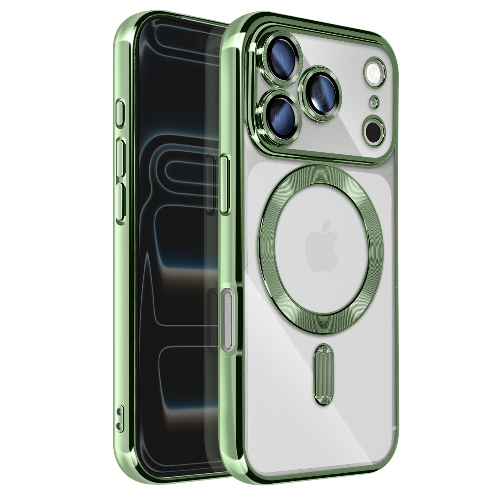 Un étui de téléphone avec un cadre vert est montré. L'étui est transparent et porte un logo Apple.