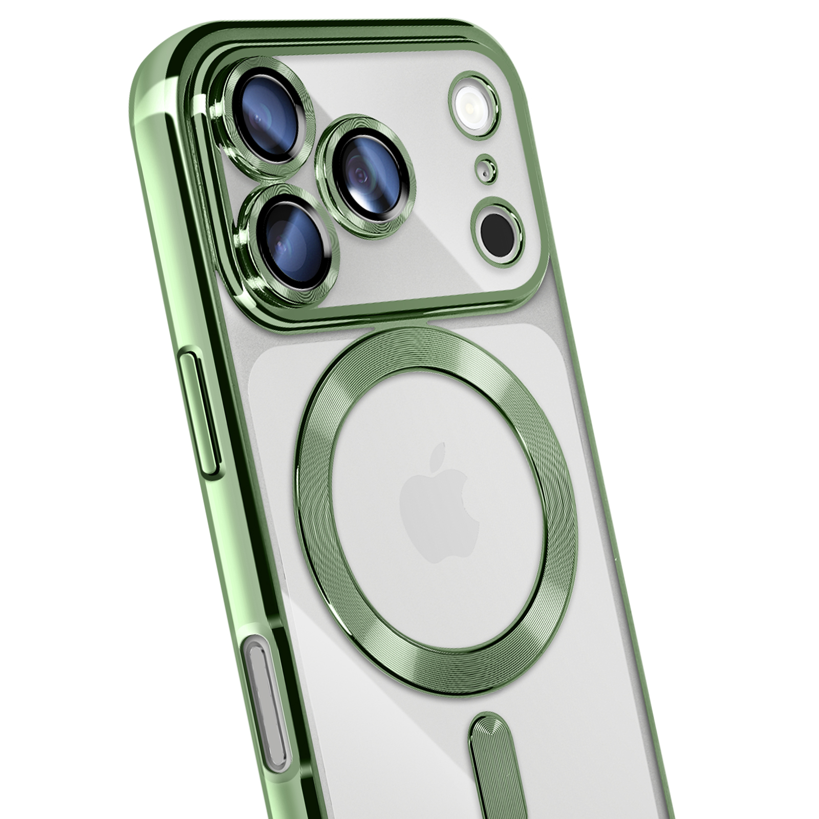 Coque de téléphone verte avec objectifs d'appareil photo et logo Apple.