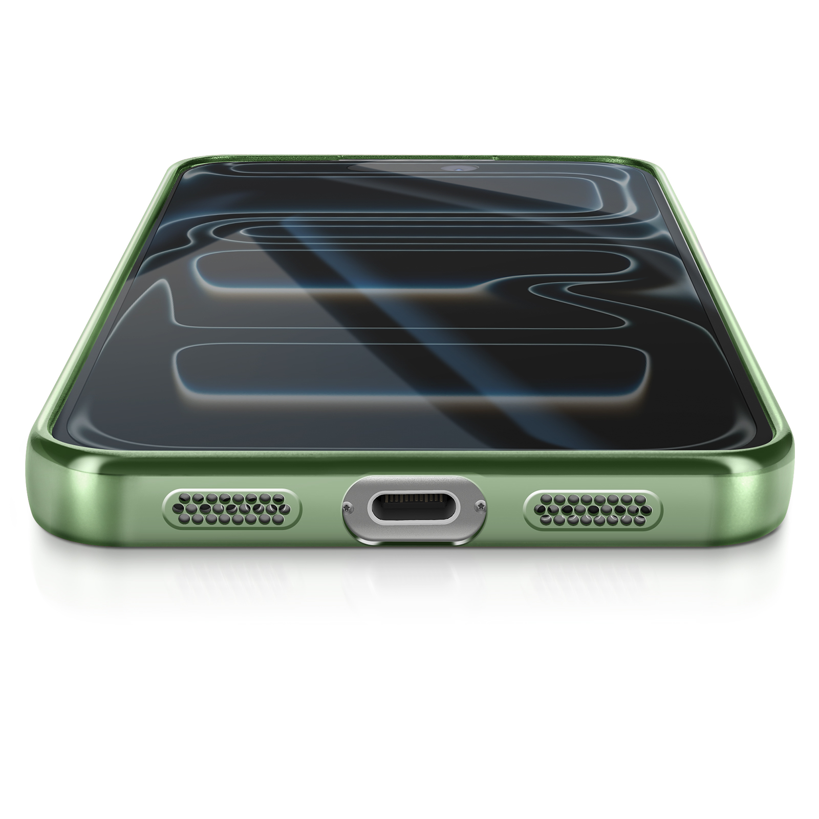Un smartphone vert, légèrement incliné, sur une surface blanche. L'écran affiche un motif ondulé. Le bas a des trous pour les haut-parleurs.
