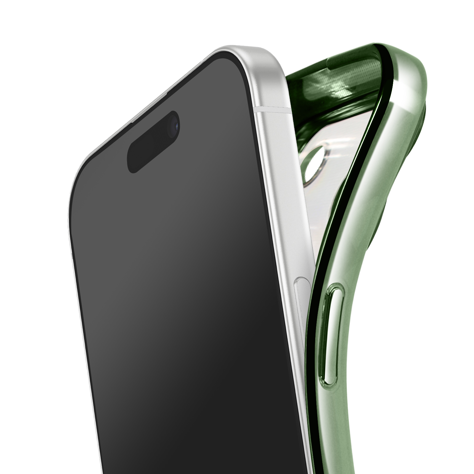Un smartphone à écran noir est présenté à côté d'une coque verte, les deux sur fond blanc.