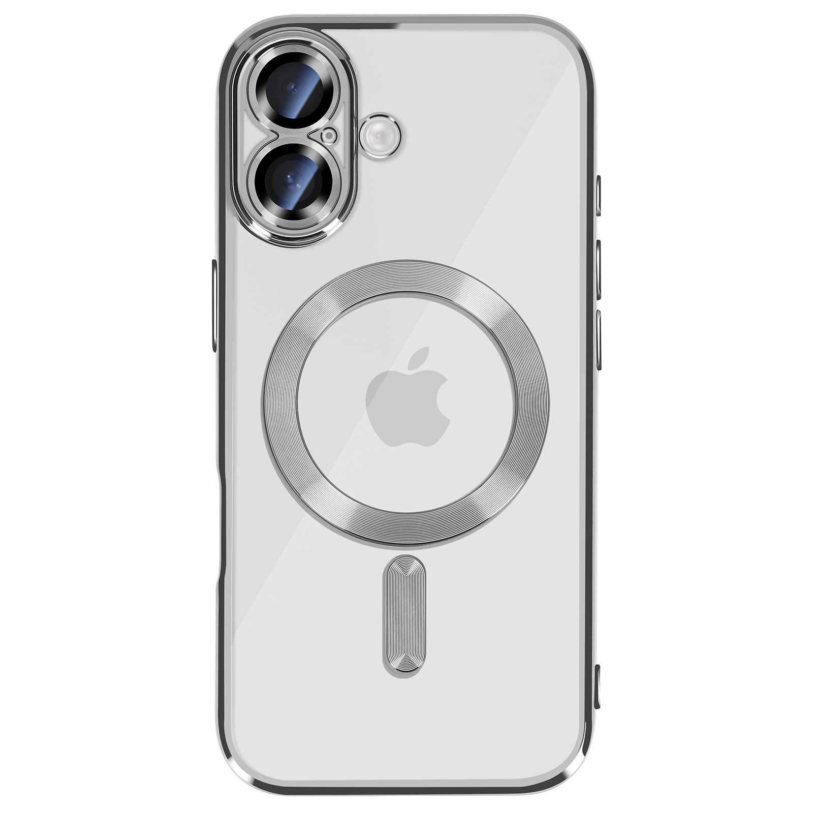 Transparante telefoonhoes. Het heeft een uitsparing voor de camera, een Apple-logo en een magnetische ring. Het frame is zilver.