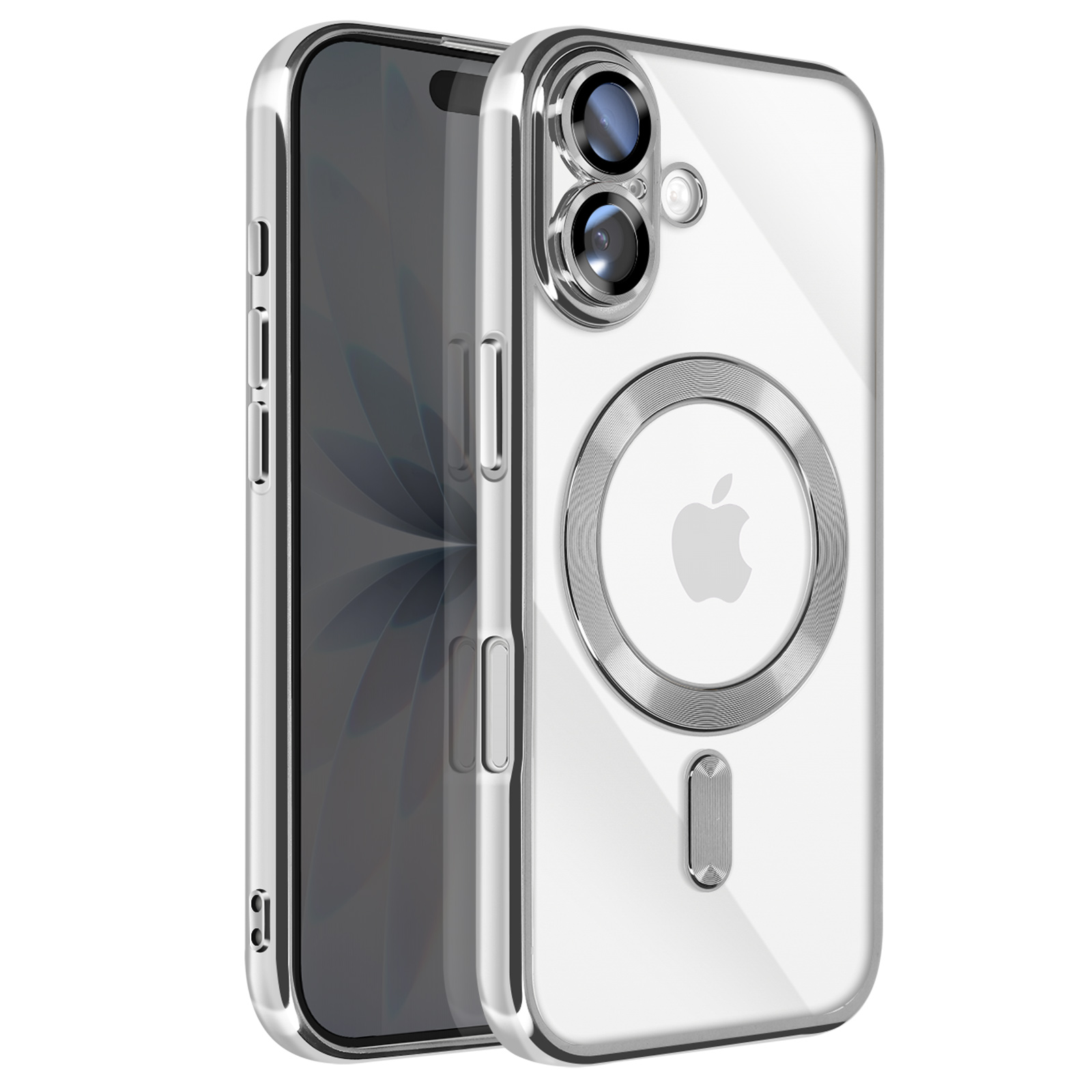 Transparante iPhone hoes met zilveren frame. Telefoon zichtbaar in de hoes. Apple logo is zichtbaar.