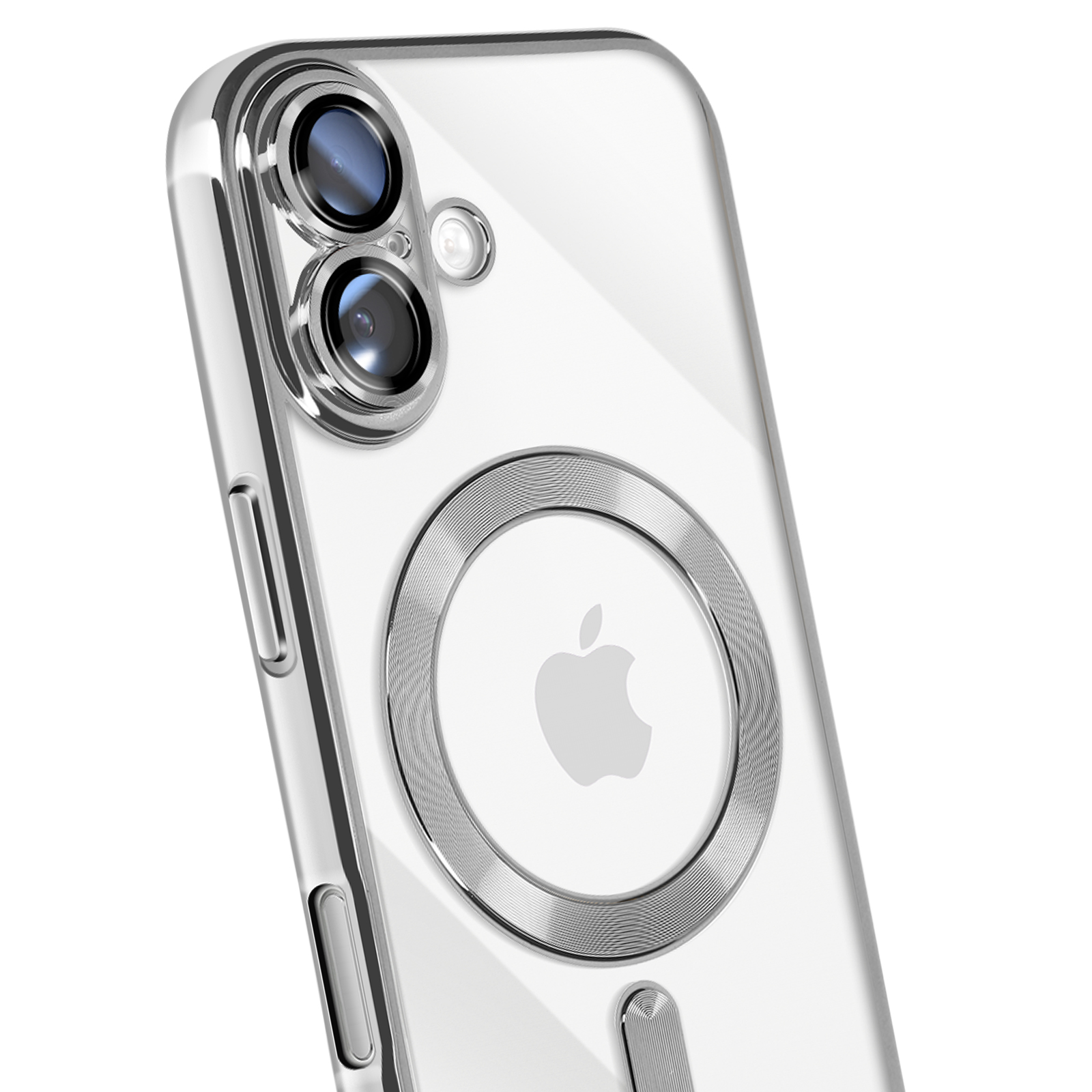 Transparante telefoonhoes met zilveren accenten, Apple-logo en cameralenzen. Witte achtergrond.