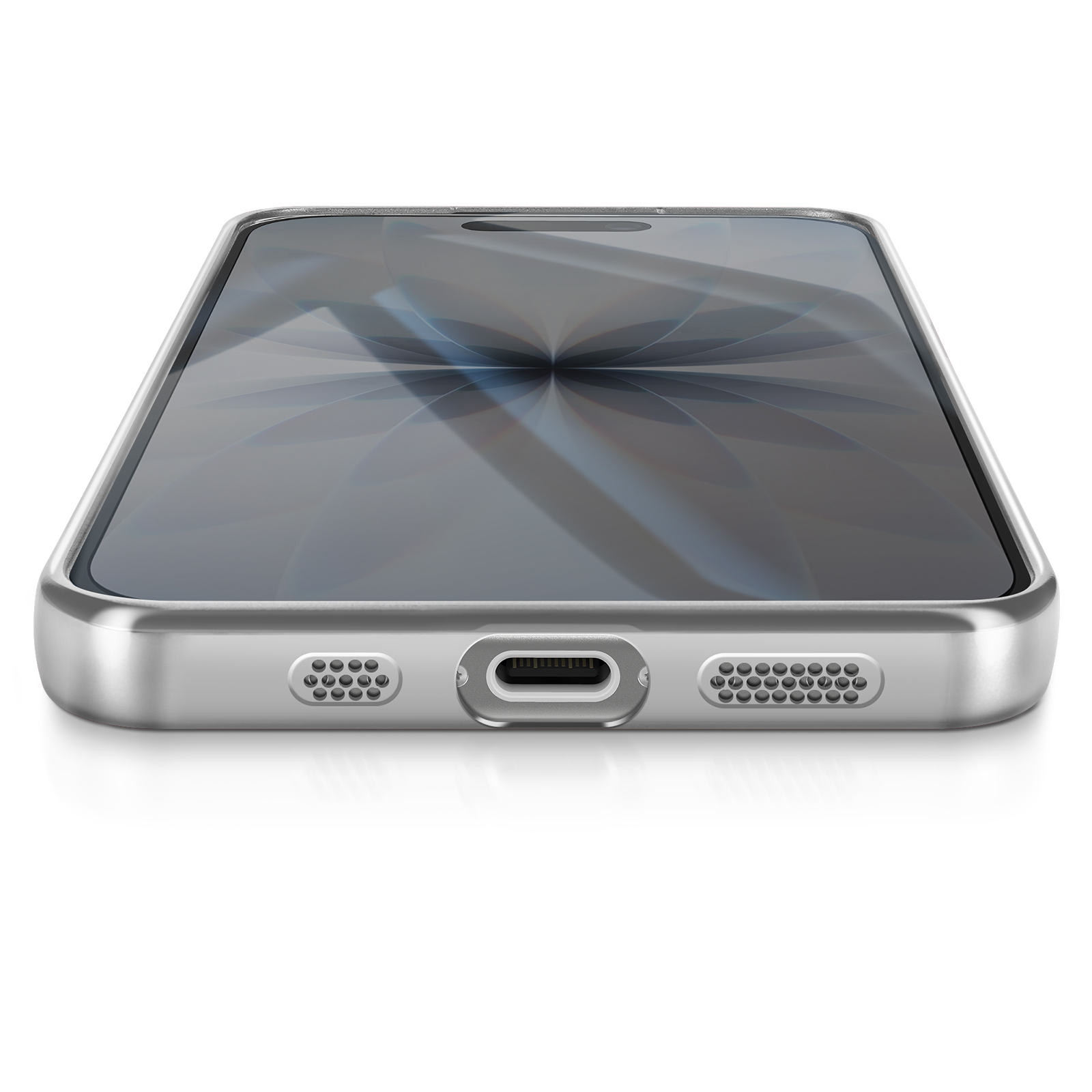 Een zilveren smartphone ligt horizontaal, scherm omhoog. Het scherm toont een abstract, reflecterend patroon.