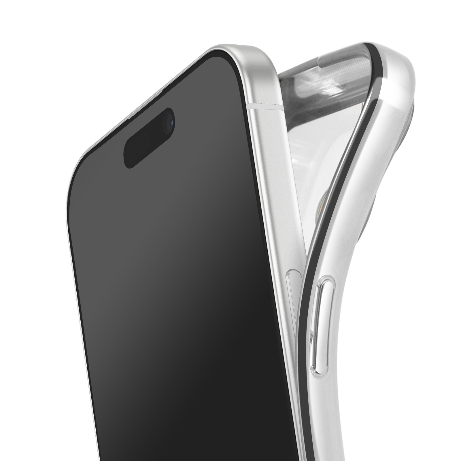 Een smartphone met een doorzichtige hoes op een witte achtergrond. De telefoon is zwart en de hoes is transparant.