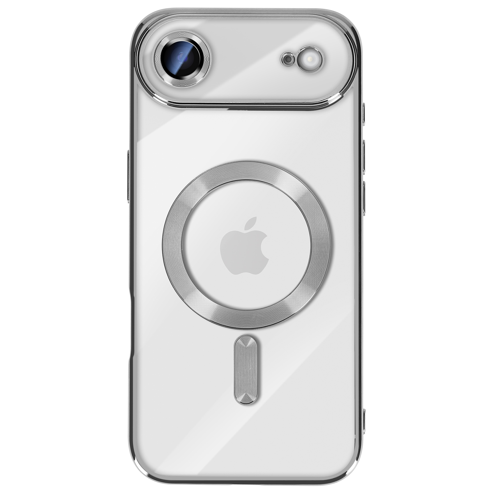 Een doorzichtige iPhone-hoes met zilveren cameraring en MagSafe-ring. Apple-logo zichtbaar.