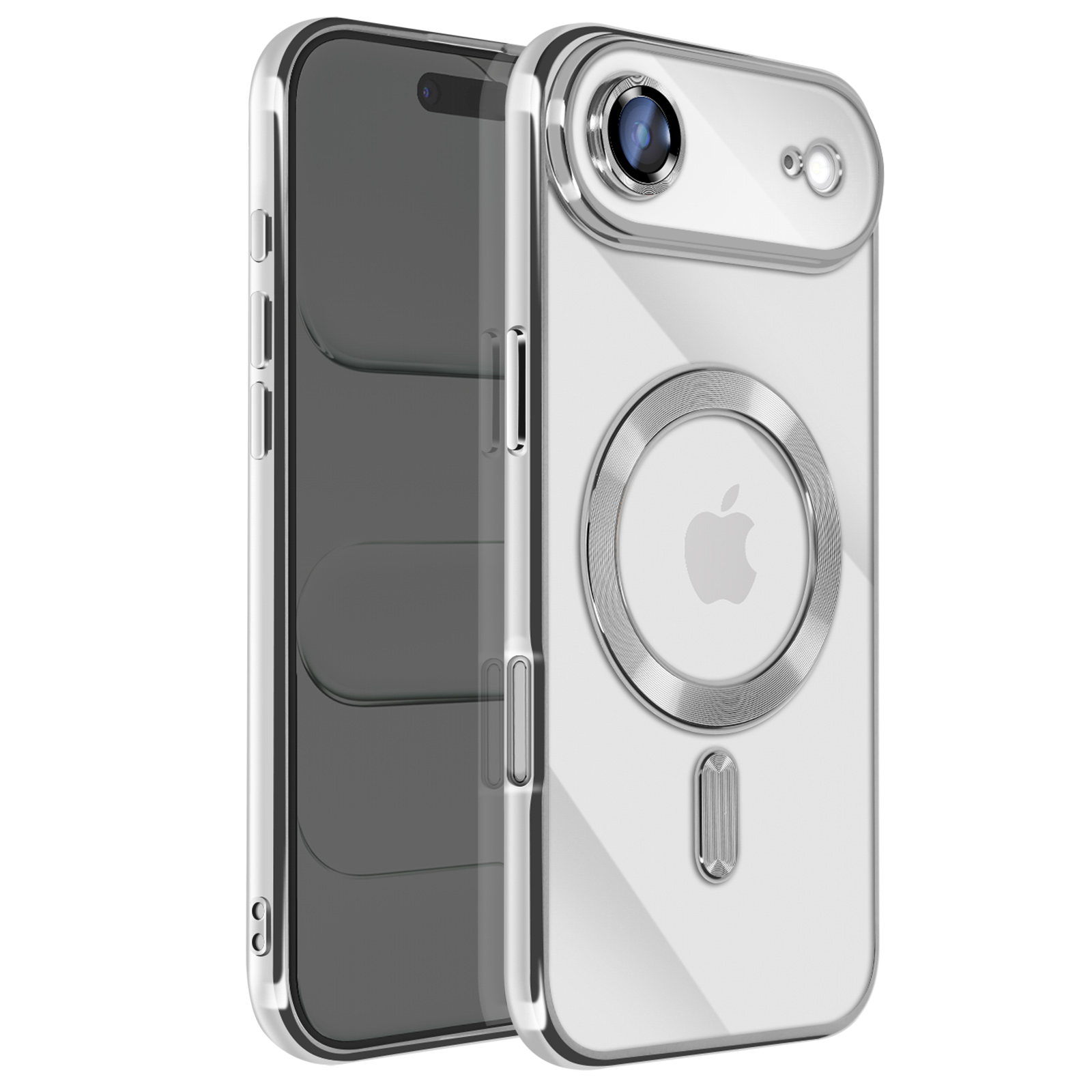 Transparante telefoonhoes met zilveren rand, cameralens en Apple-logo. De telefoon zit in de hoes.