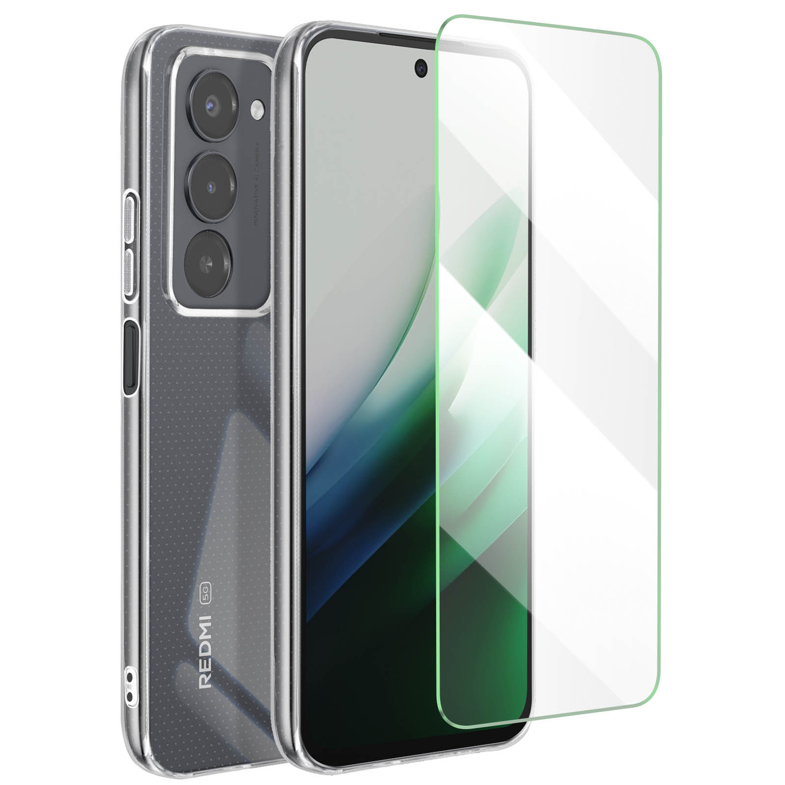 Un telefono in una custodia trasparente, con una protezione per lo schermo. Il telefono ha un array di fotocamere.