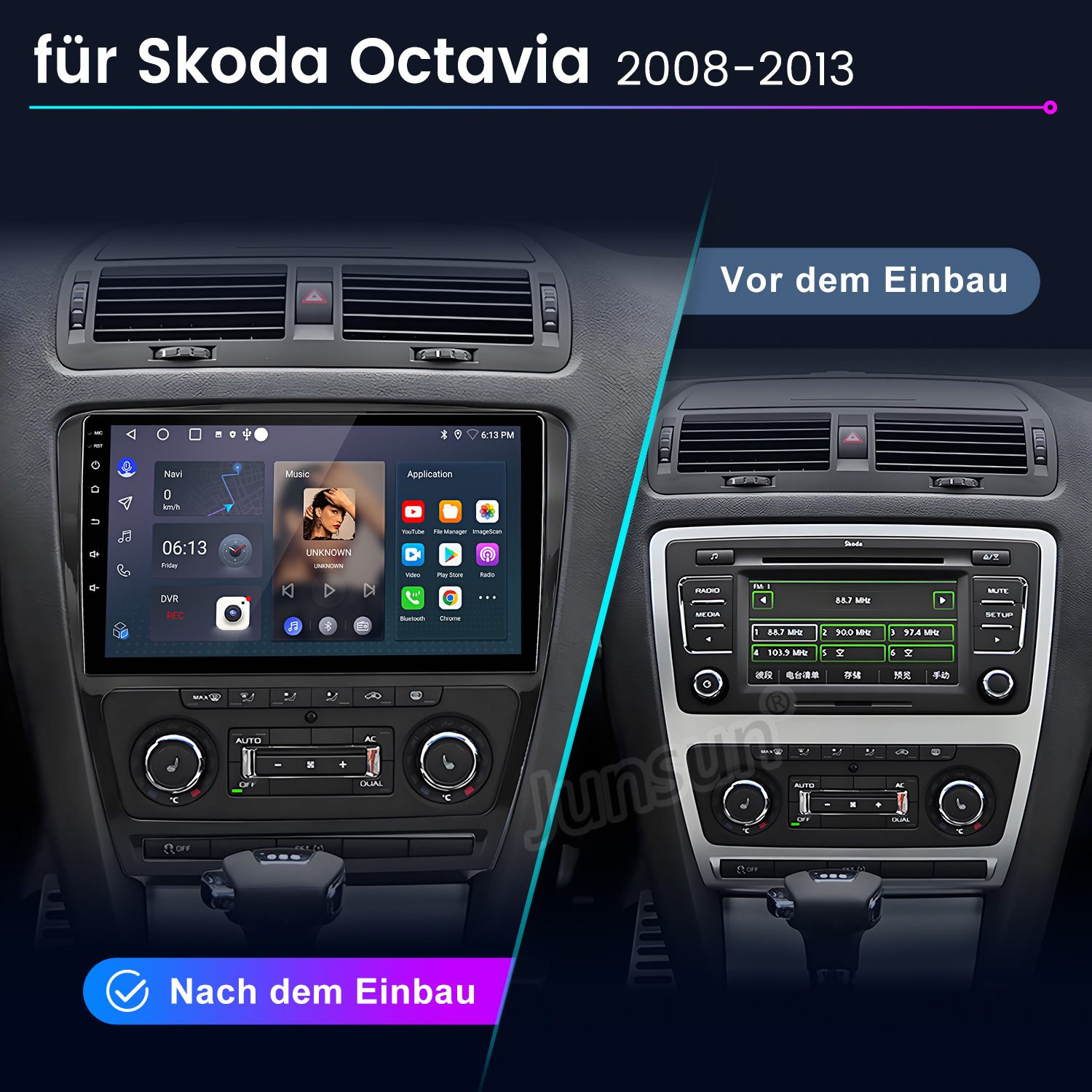 Vergleich des Armaturenbretts vor und nach der Installation. Zeigt Bildschirm mit Apps und Radio, zeigt Fahrzeugbedienung.