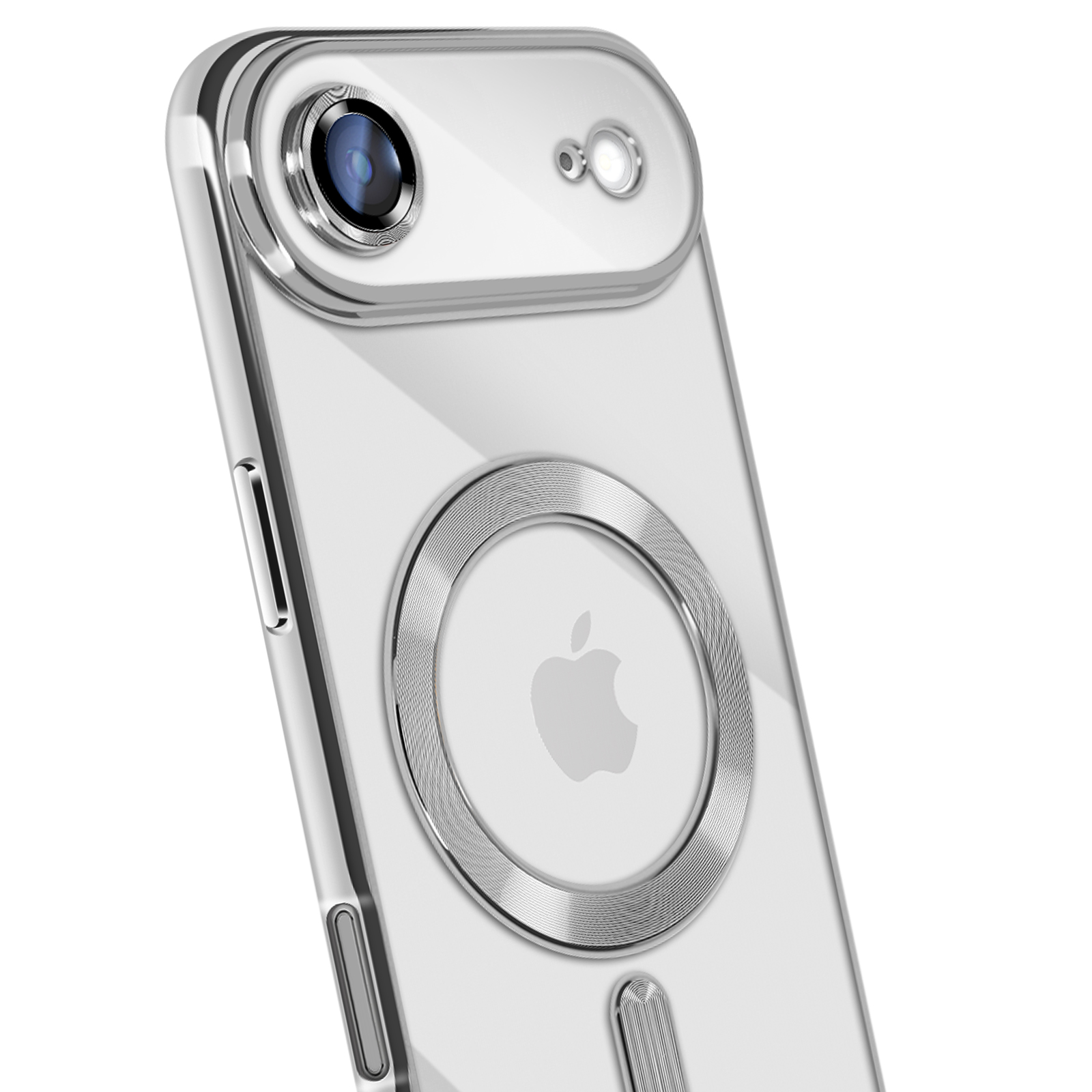 Transparante telefoonhoes met zilveren accenten. Het heeft een cameragedeelte, MagSafe-ring en Apple-logo.