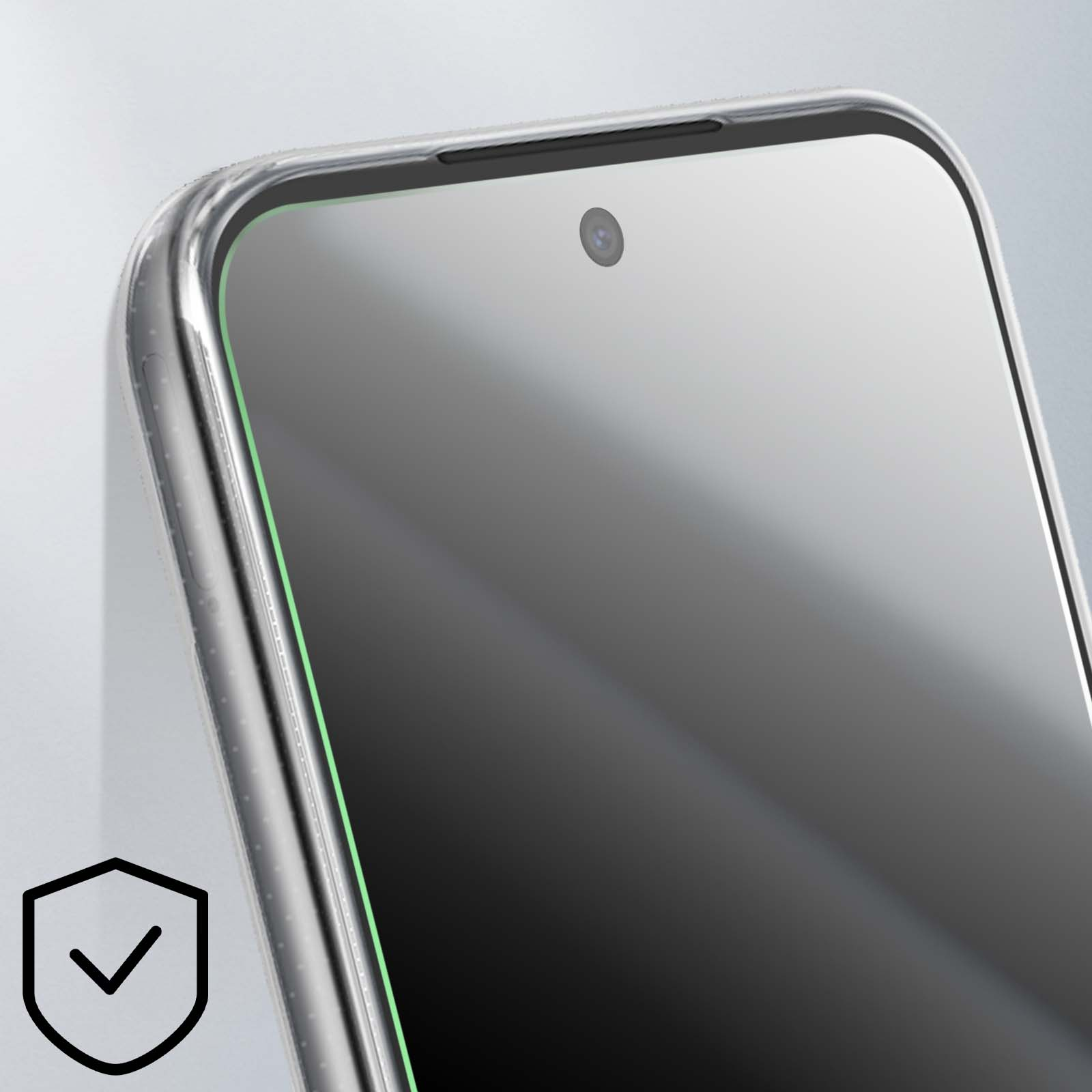 Primo piano di uno schermo del telefono con una custodia protettiva. Lo schermo è scuro con una fotocamera. Un'icona di sicurezza è sul lato.