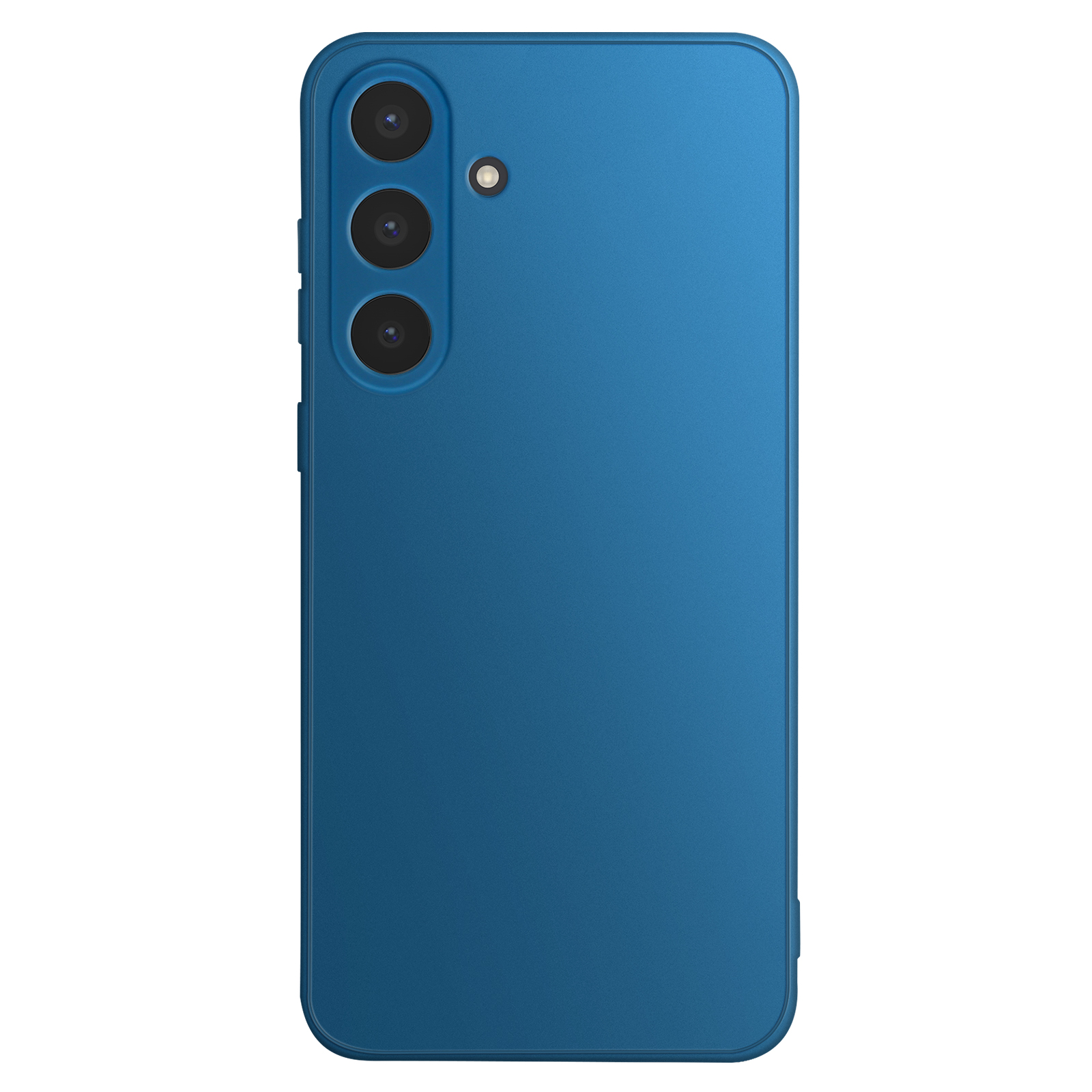 Retro di smartphone blu con tre obiettivi e un flash. Il telefono è centrato su sfondo bianco.