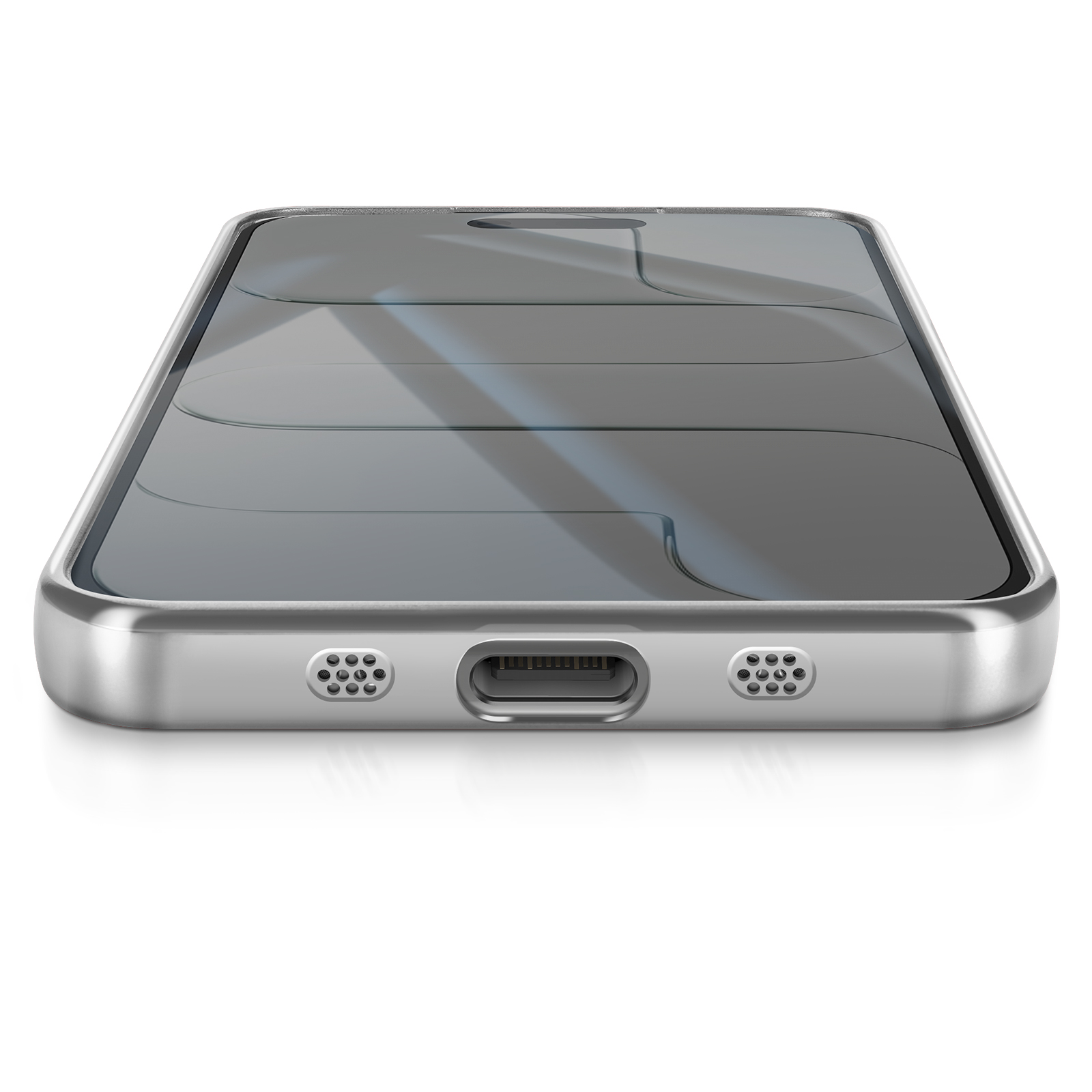 Een close-up van een zilveren smartphone die plat ligt. Het scherm is donkergrijs met een glanzende afwerking. De telefoon ligt op een wit oppervlak.