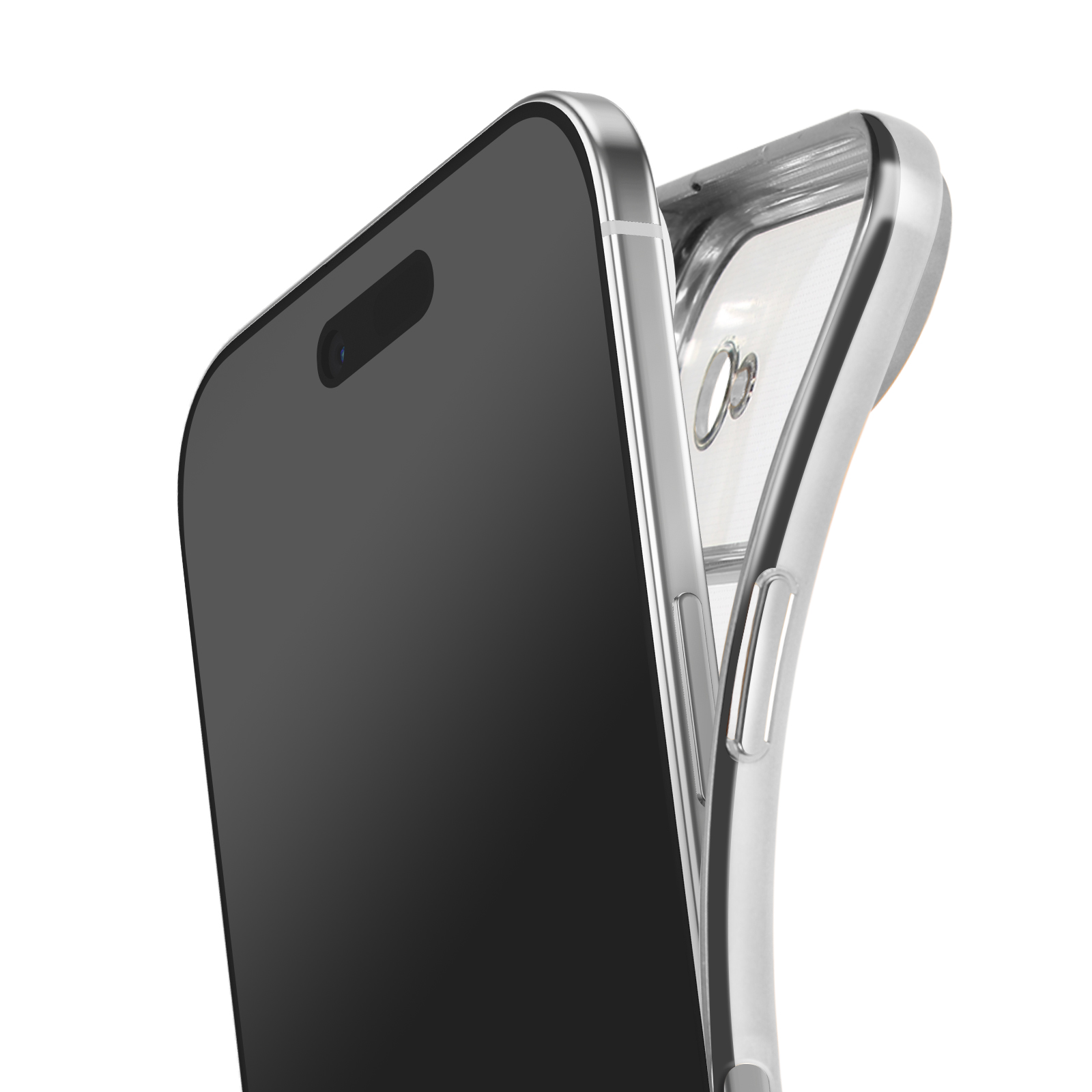 Close-up van een zwarte smartphone met een doorzichtige hoes. De telefoon is schuin, met het scherm en de camera. Witte achtergrond.