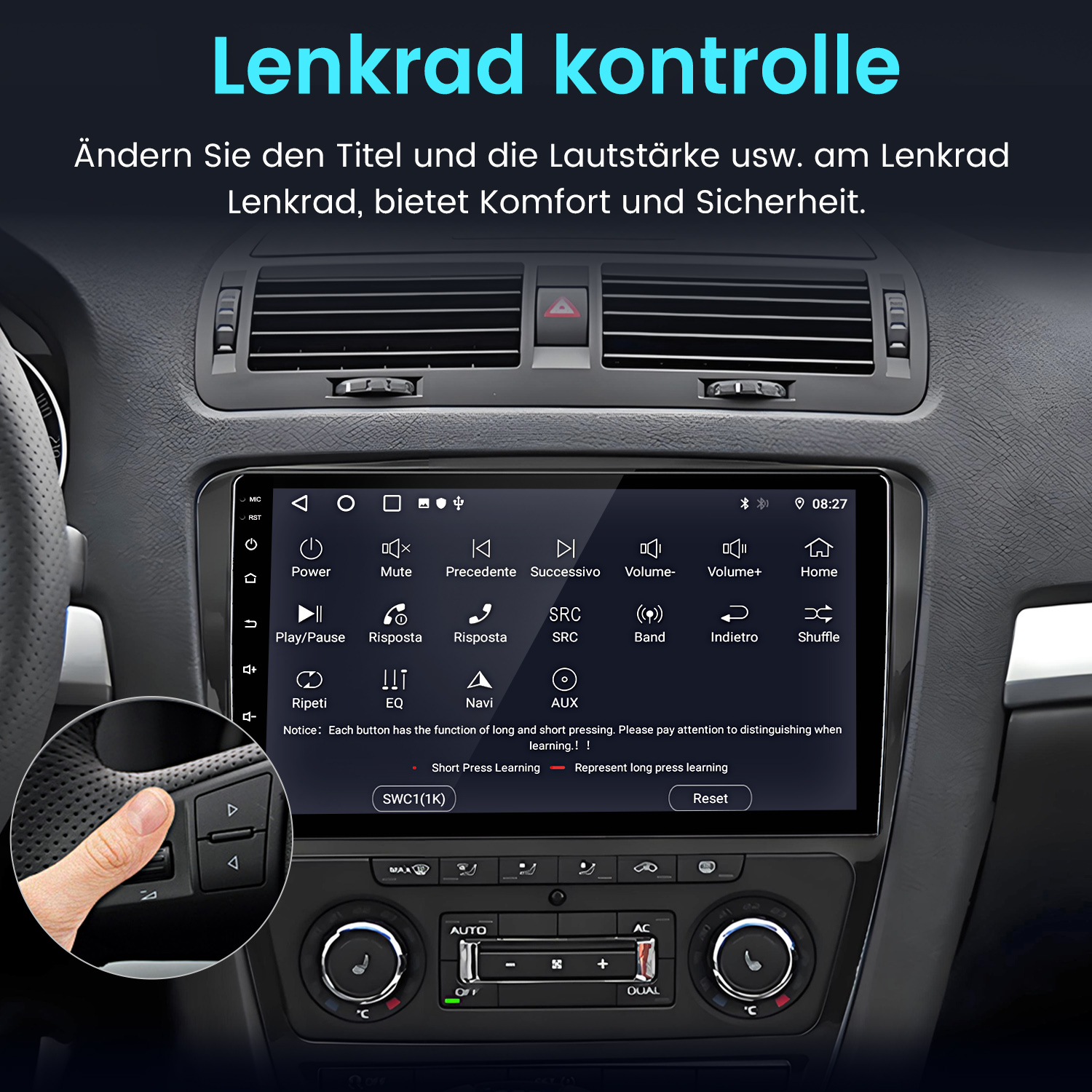 Auto-Armaturenbrett mit Multimedia-System. Eine Hand drückt eine Taste am Lenkrad. Auch Text auf Deutsch vorhanden.