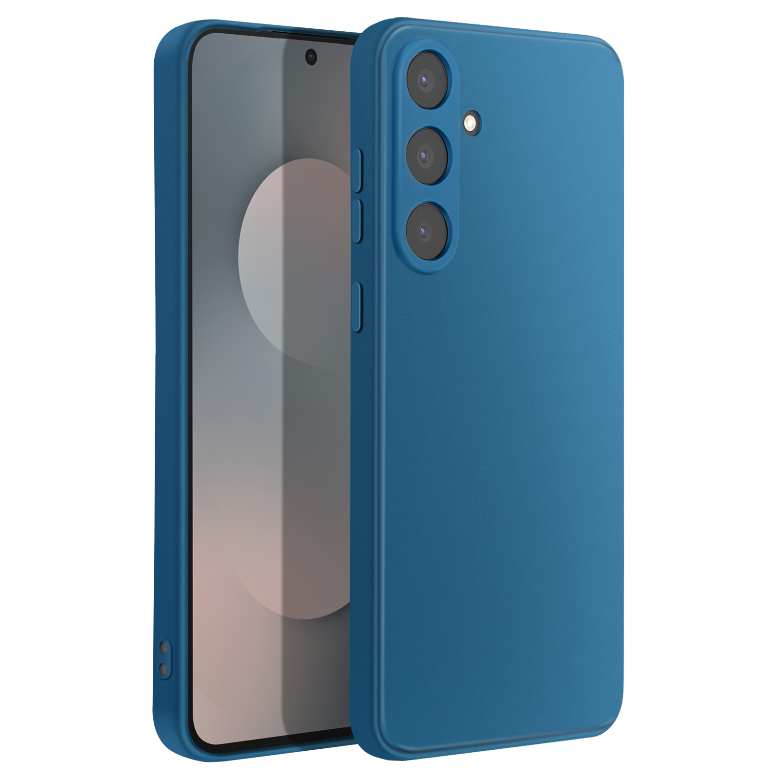 Una custodia blu per telefono accanto a un telefono. Il telefono ha uno schermo e una fotocamera.