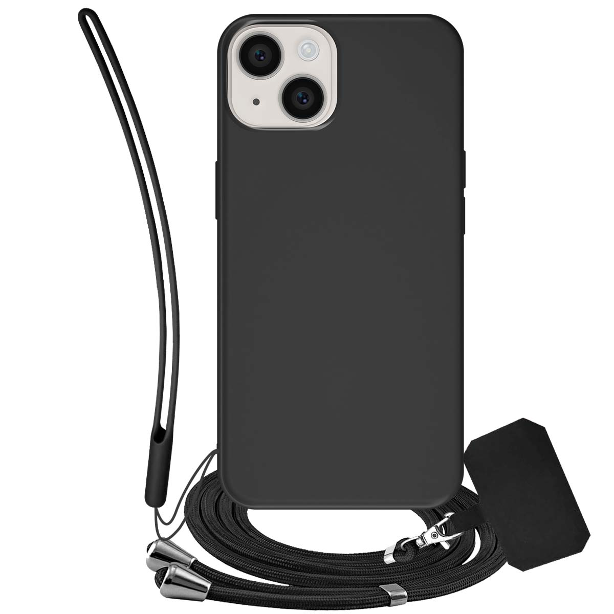 Custodia nera per telefono con fotocamera, attaccata a un cordino nero. Una scheda nera è a destra. Sfondo bianco.