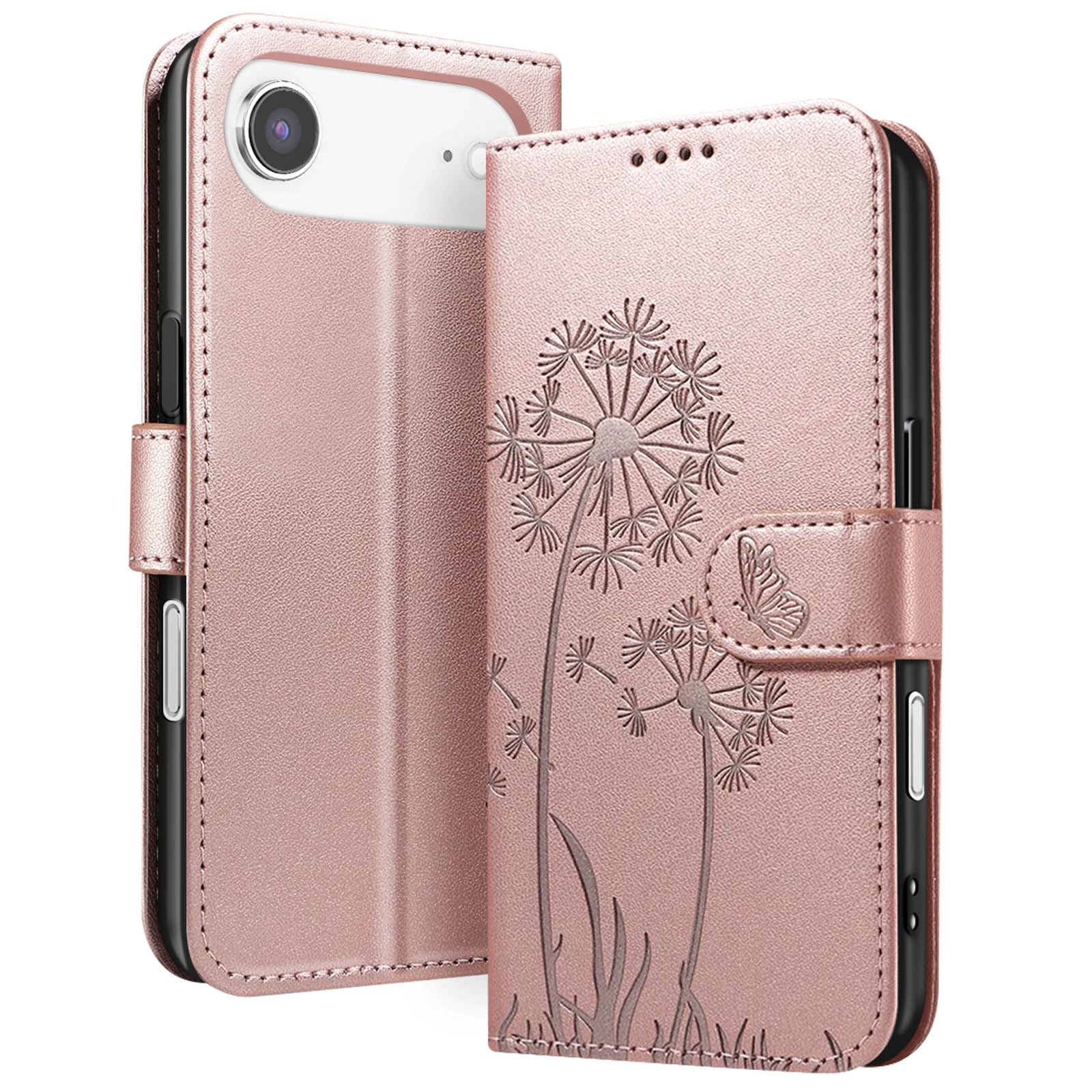Eine roségoldene Handyhülle, offen, zeigt ein Telefon. Es hat ein Pusteblumen-Design und einen Schmetterling.