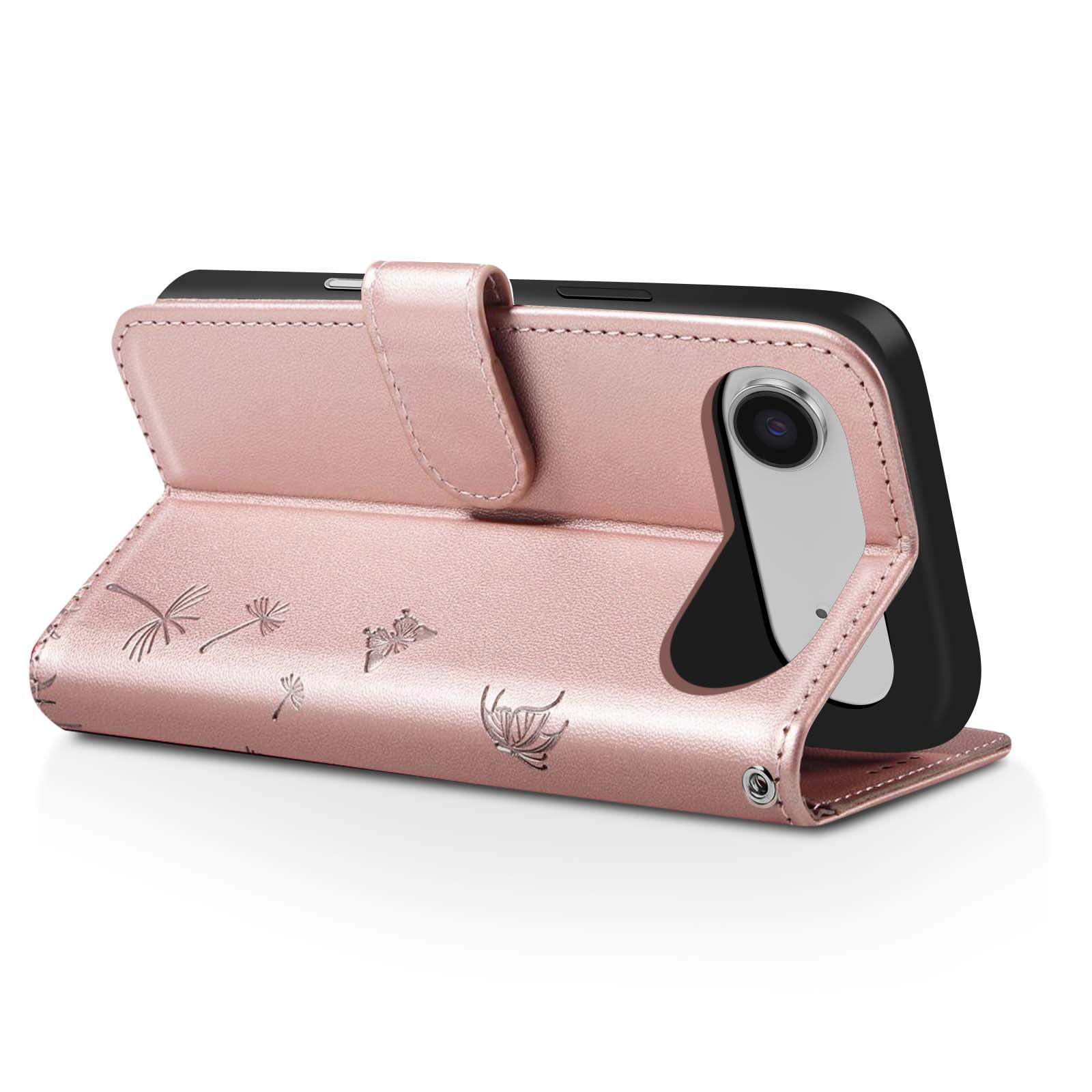Rosafarbene Handyhülle, offen, mit einem schwarzen Telefon. Die Hülle hat Schmetterlings- und Blumendesigns.